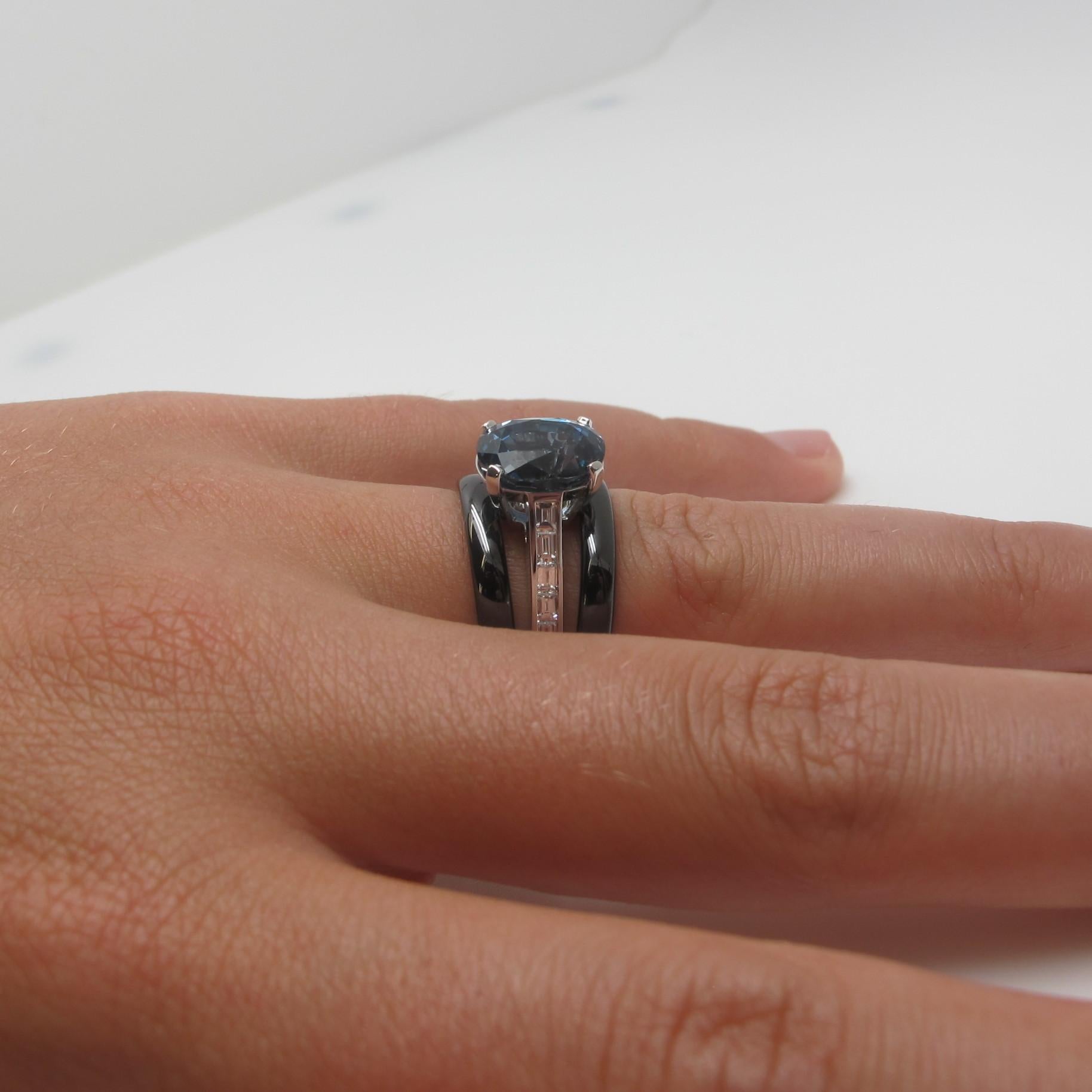 Artisan Blue Sapphire and Diamond Baguette Ring 18k White Gold