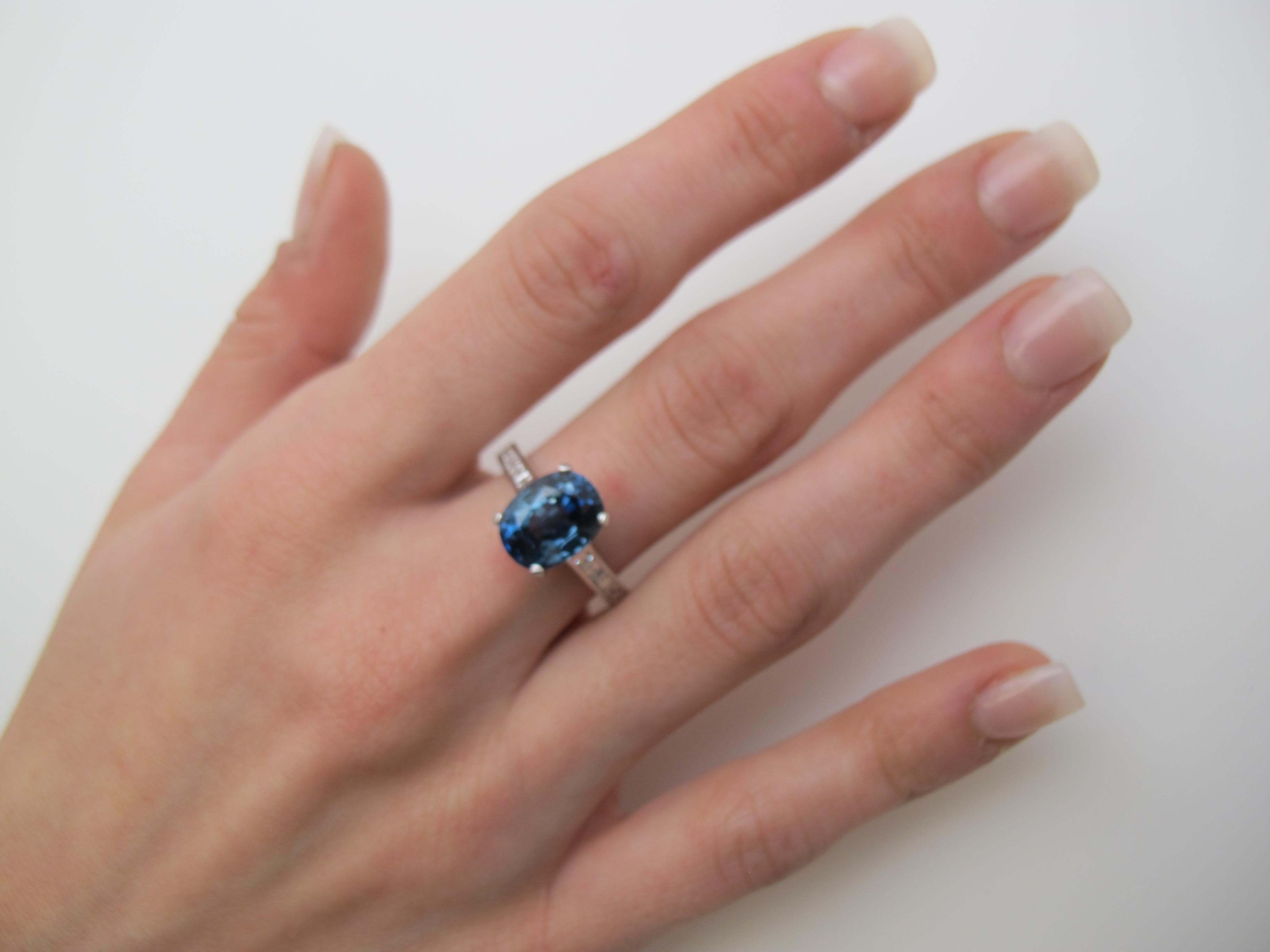 Baguette Cut Blue Sapphire and Diamond Baguette Ring 18k White Gold