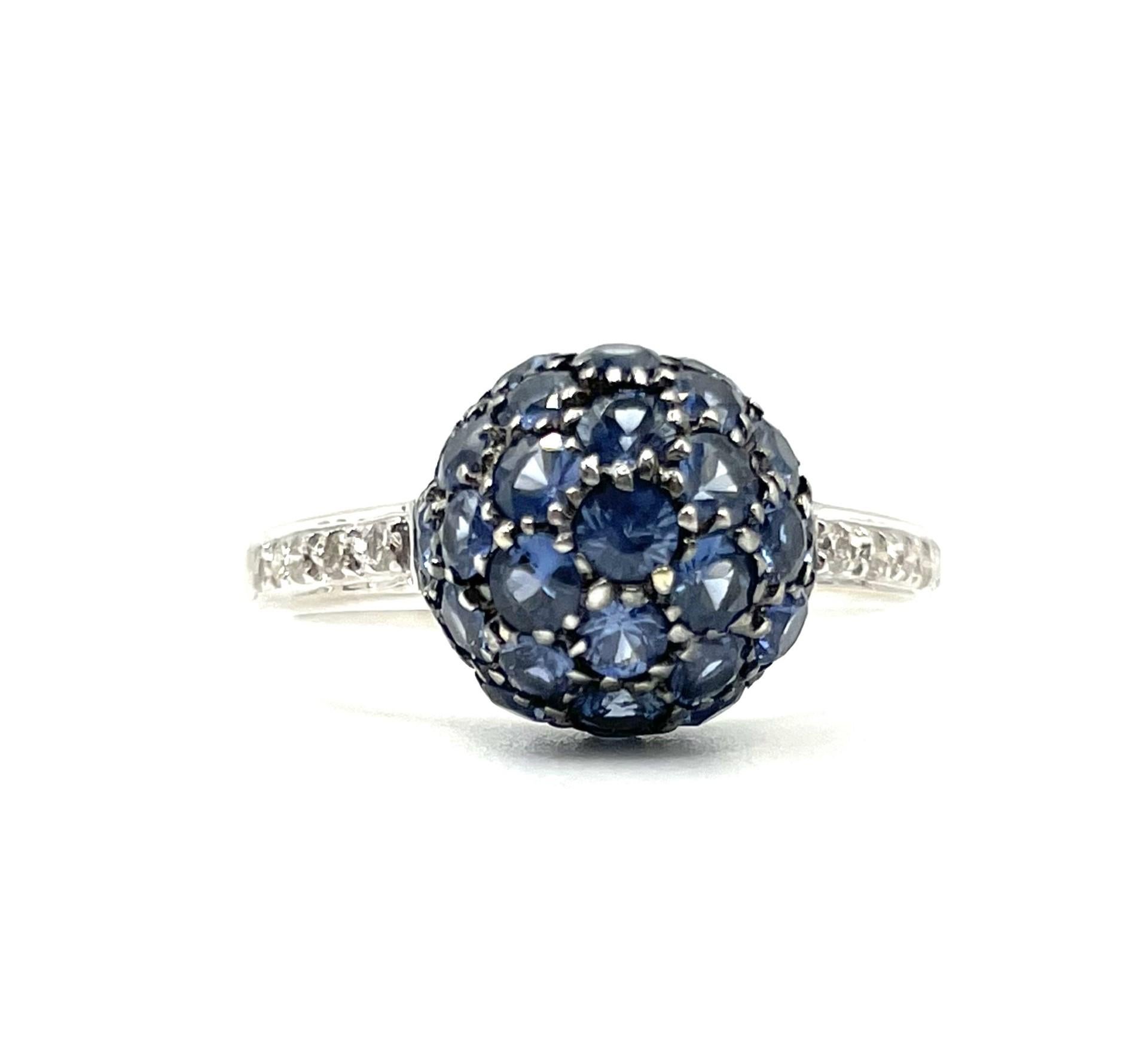 Contemporary Blue Sapphire and Diamond Ball Ring in 18 Karat White Gold For Sale
