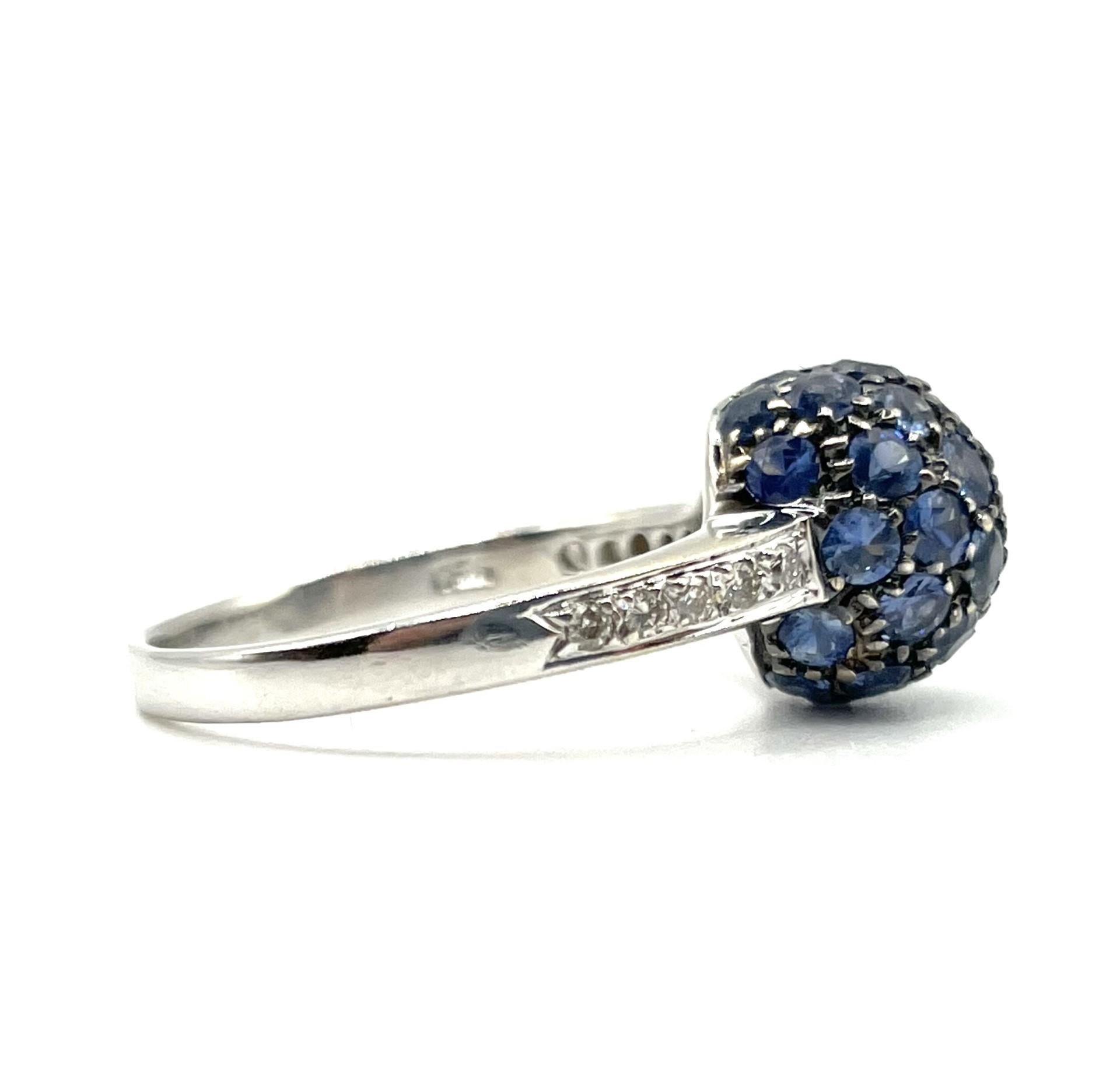 Round Cut Blue Sapphire and Diamond Ball Ring in 18 Karat White Gold For Sale