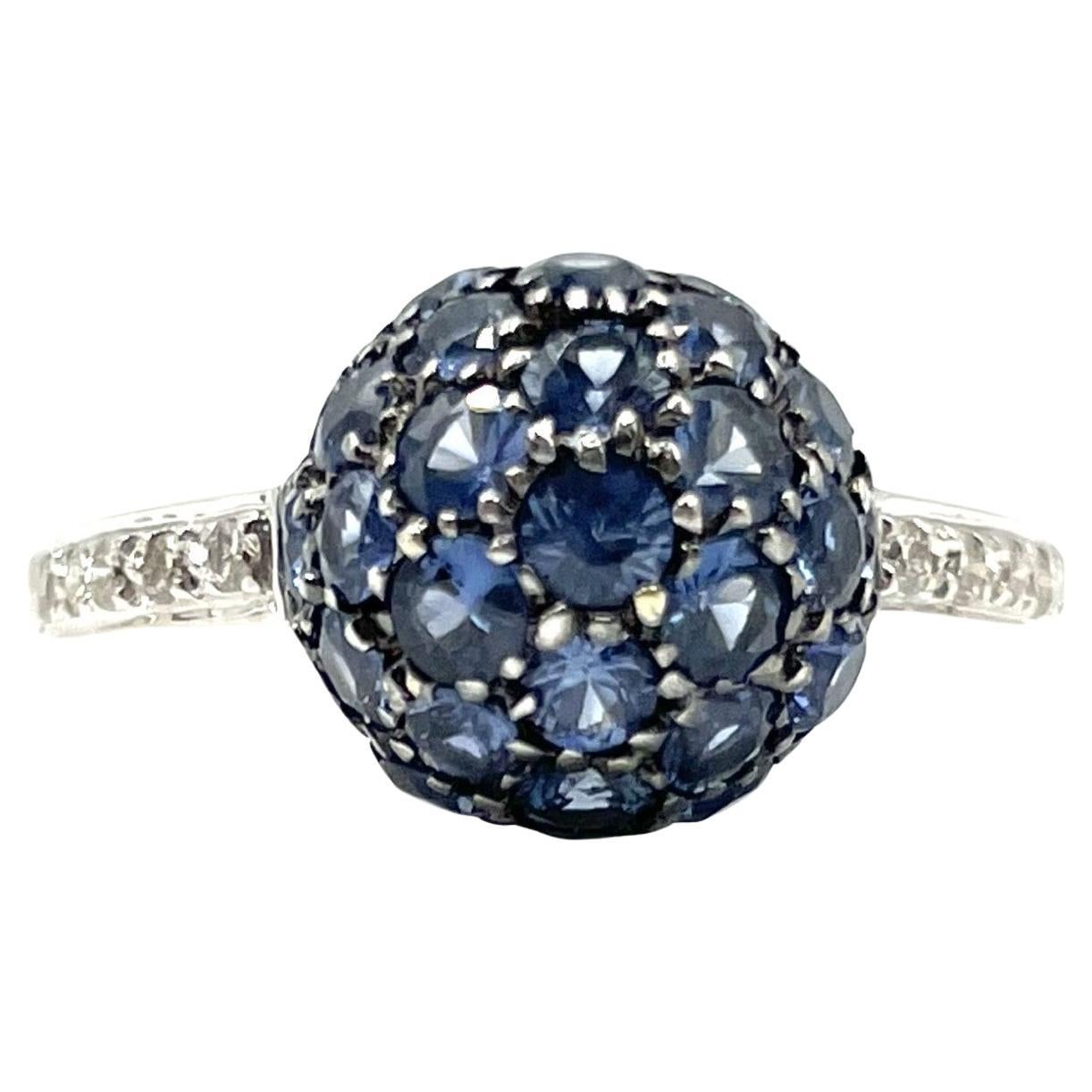 Blue Sapphire and Diamond Ball Ring in 18 Karat White Gold For Sale