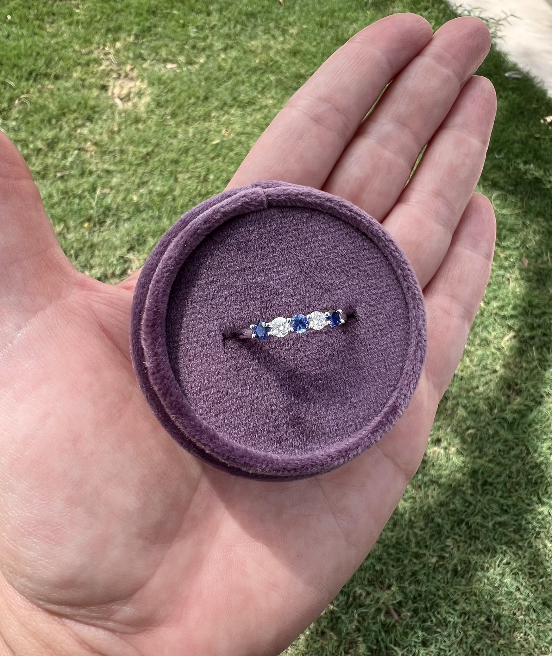 Round Cut Blue Sapphire and Diamond Band in White Gold For Sale