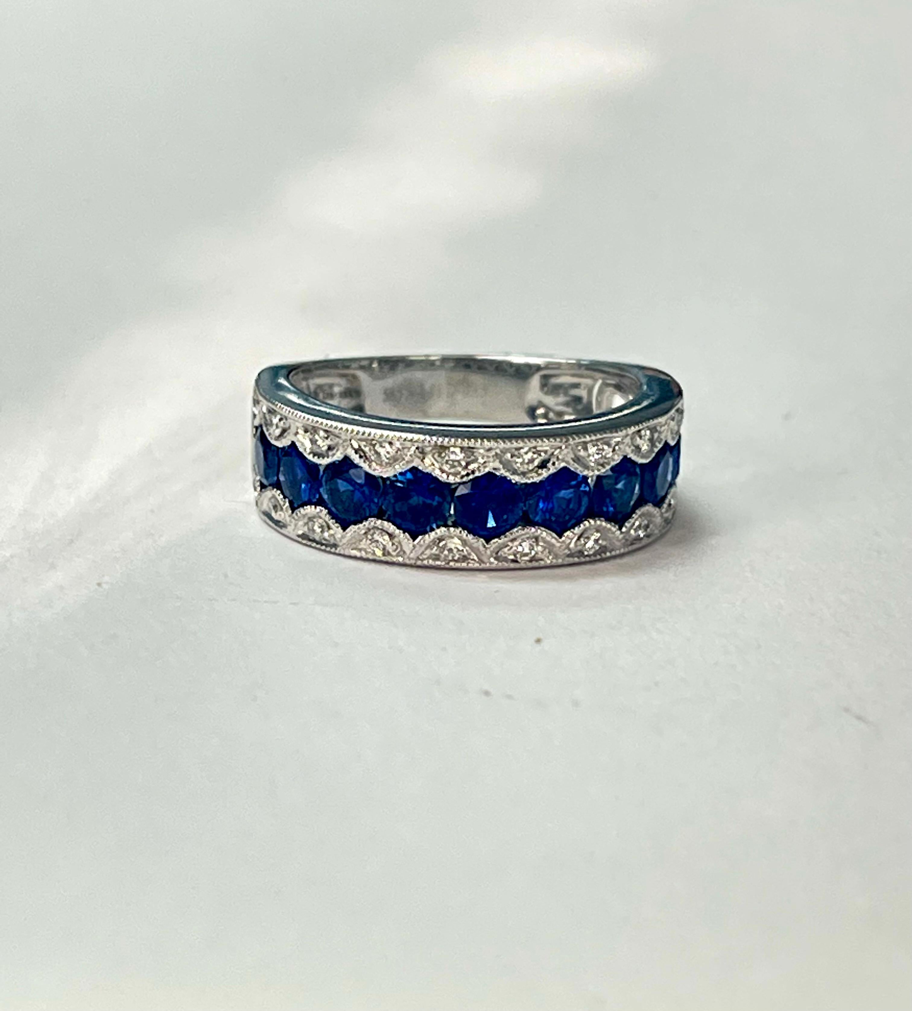 Contemporary Blue Sapphire and Diamond Band Ring in 18k White Gold For Sale