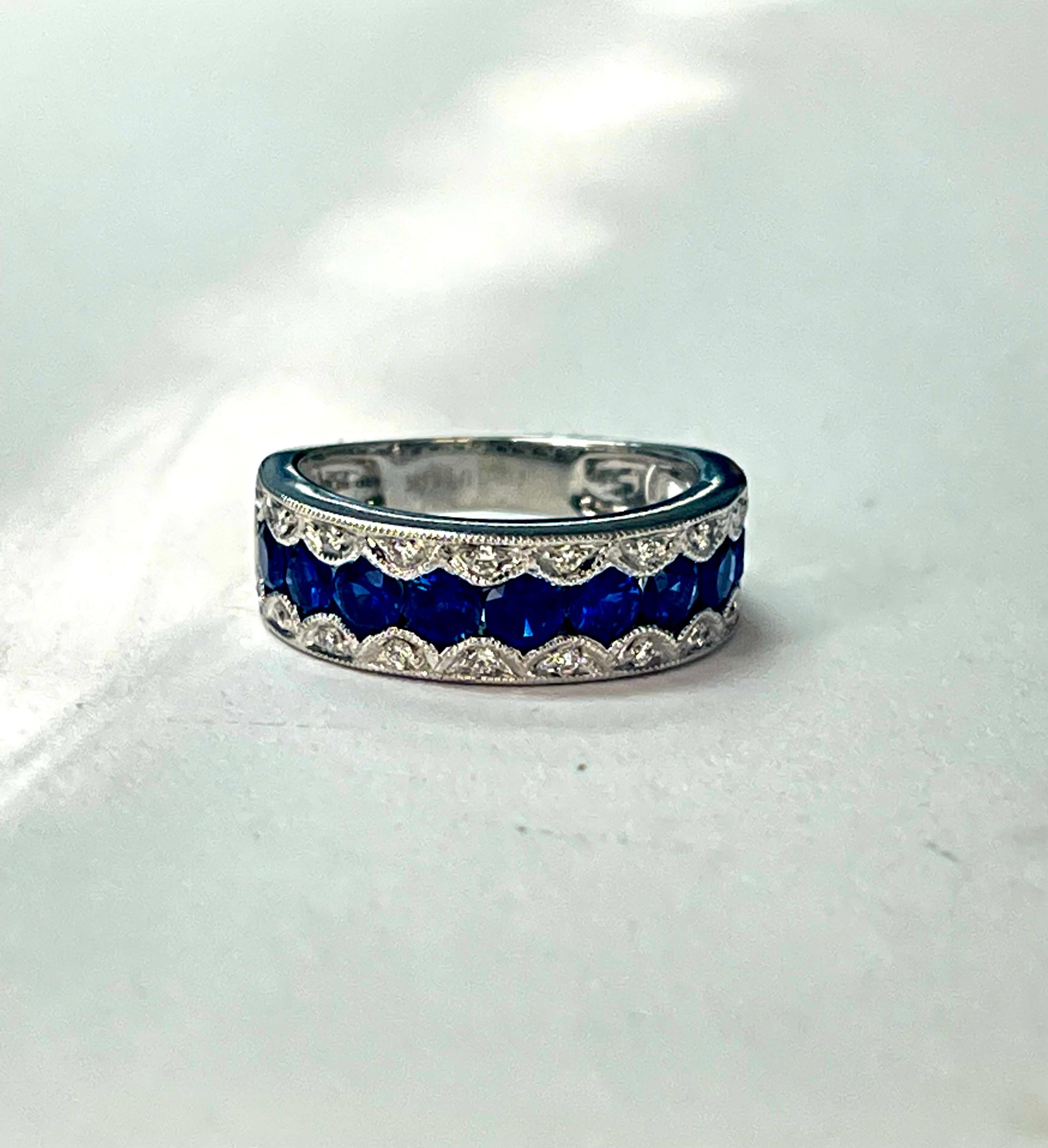 Round Cut Blue Sapphire and Diamond Band Ring in 18k White Gold For Sale