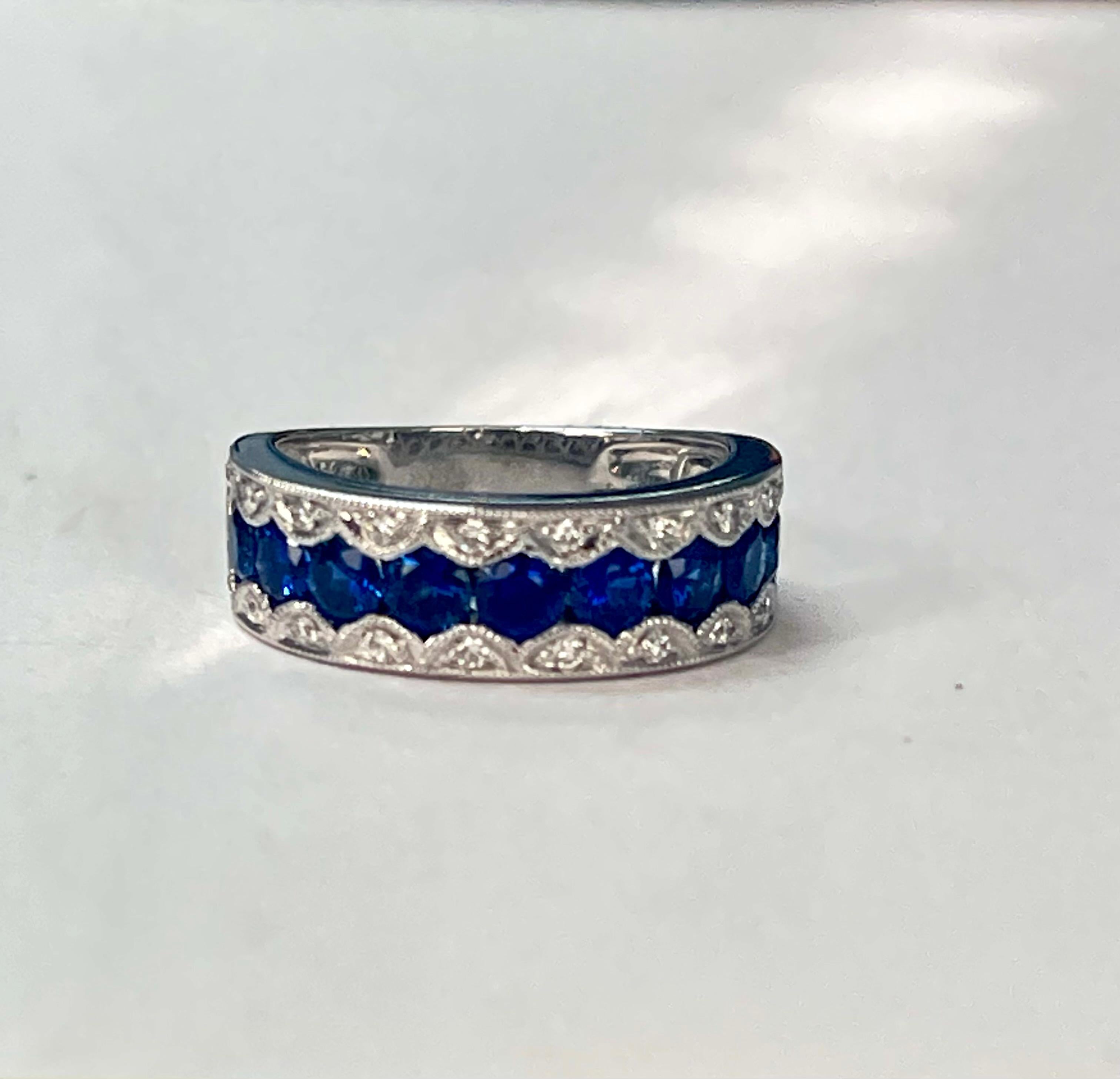 Women's Blue Sapphire and Diamond Band Ring in 18k White Gold For Sale