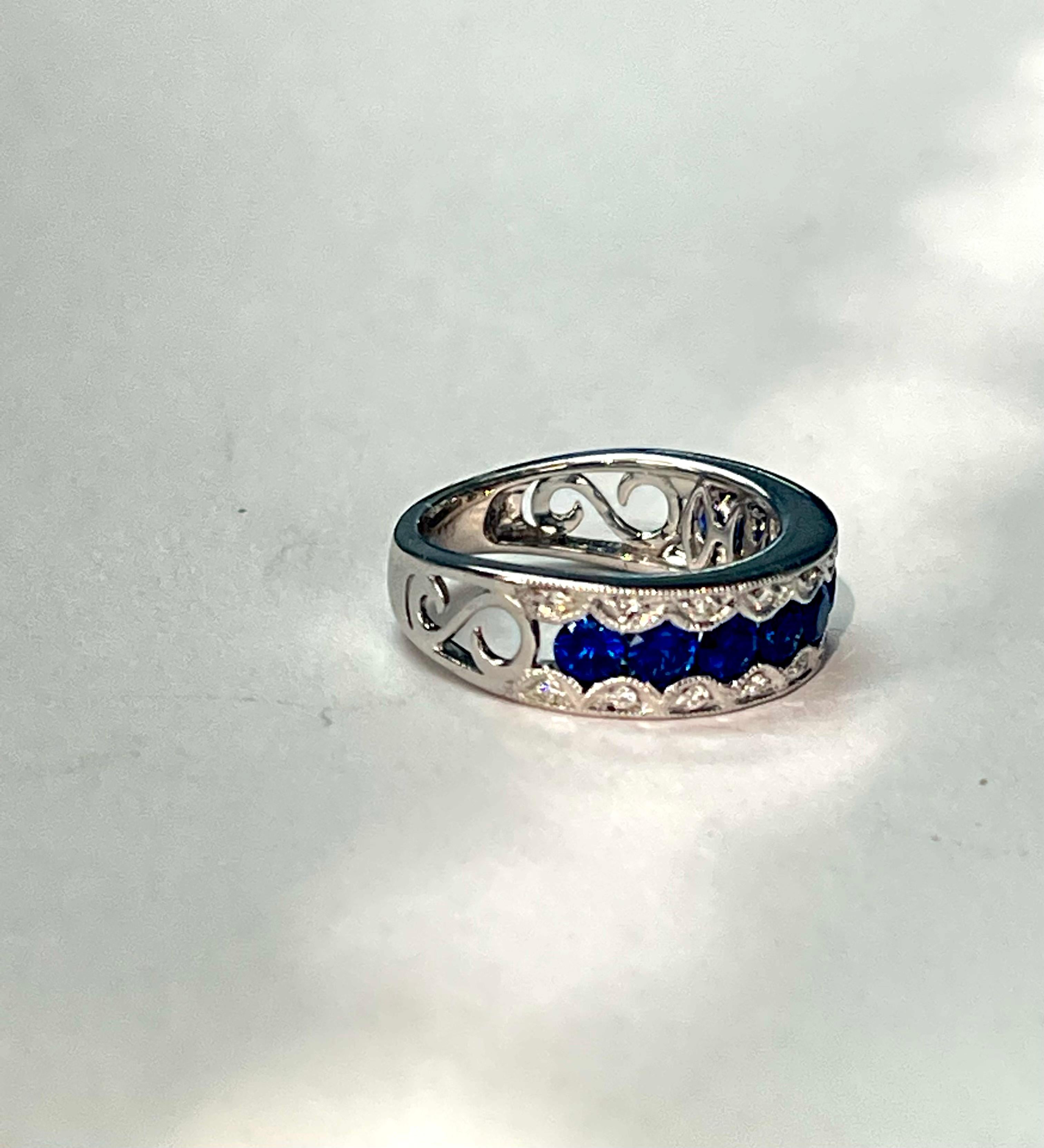 Blue Sapphire and Diamond Band Ring in 18k White Gold For Sale 1