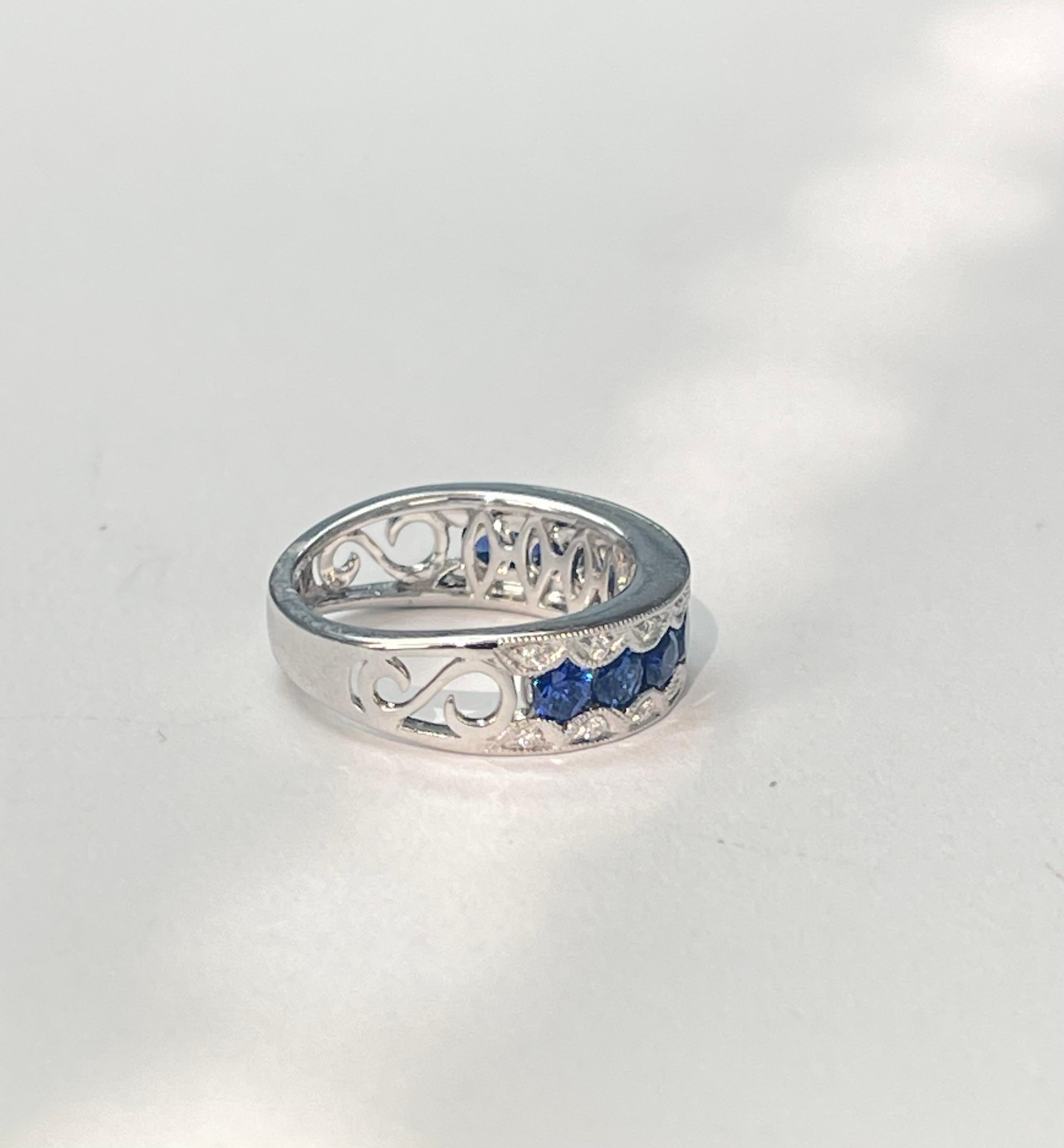 Blue Sapphire and Diamond Band Ring in 18k White Gold For Sale 2