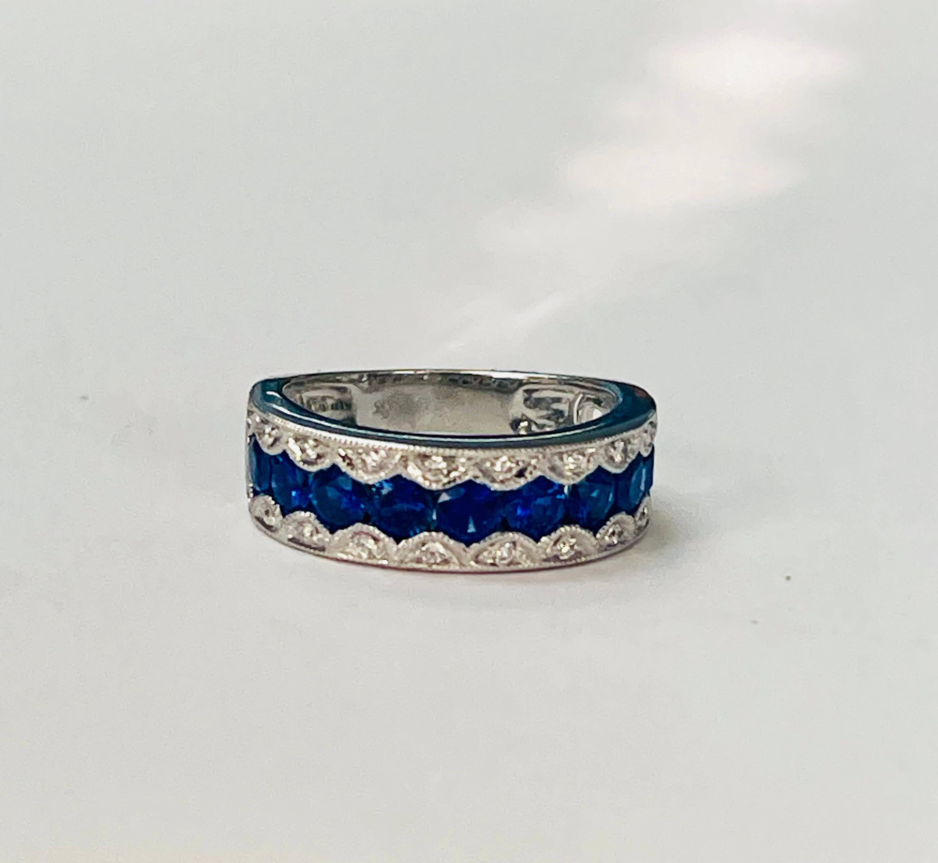 Blue Sapphire and Diamond Band Ring in 18k White Gold For Sale 3