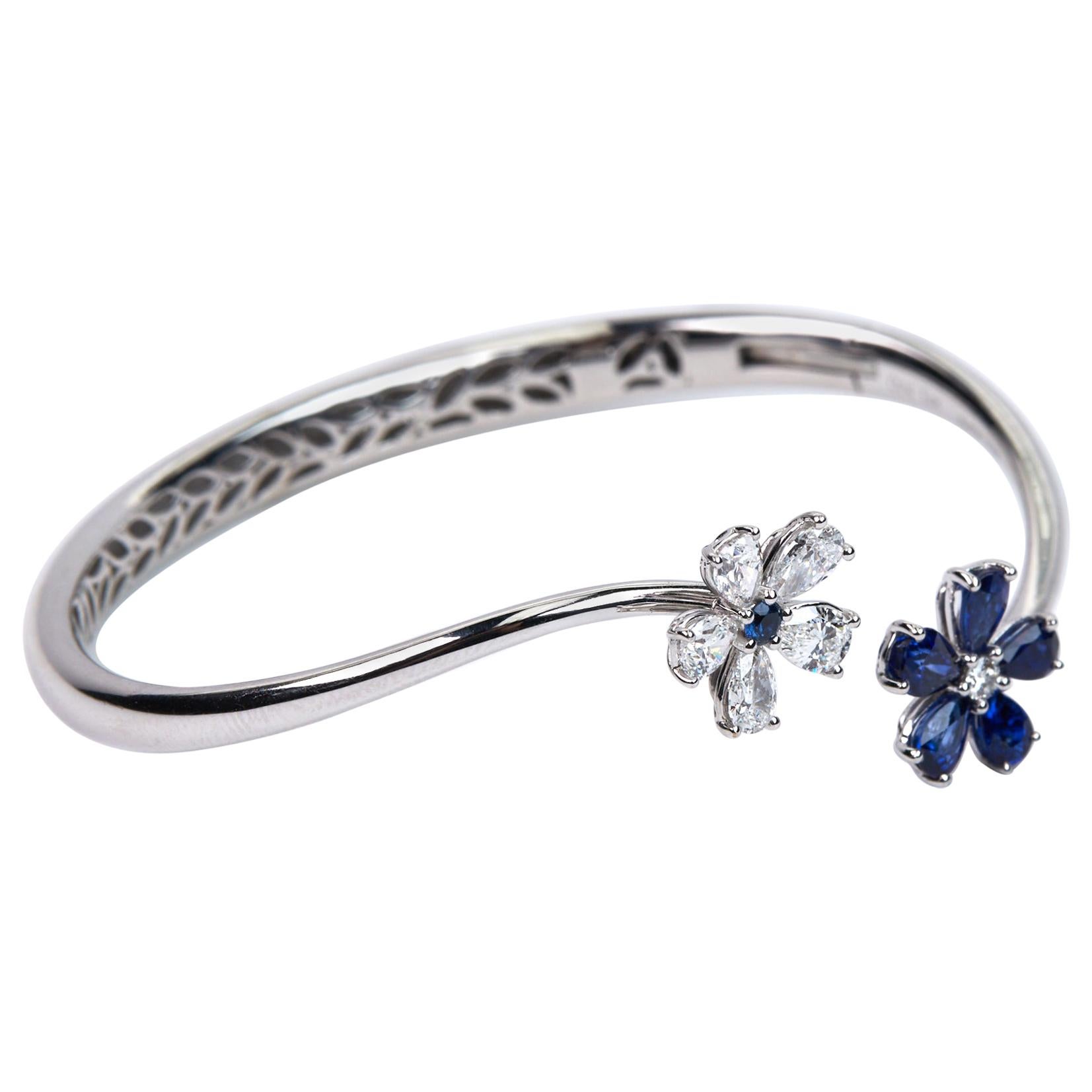 Blue Sapphire and Diamond Bangle Bracelet White Gold For Sale