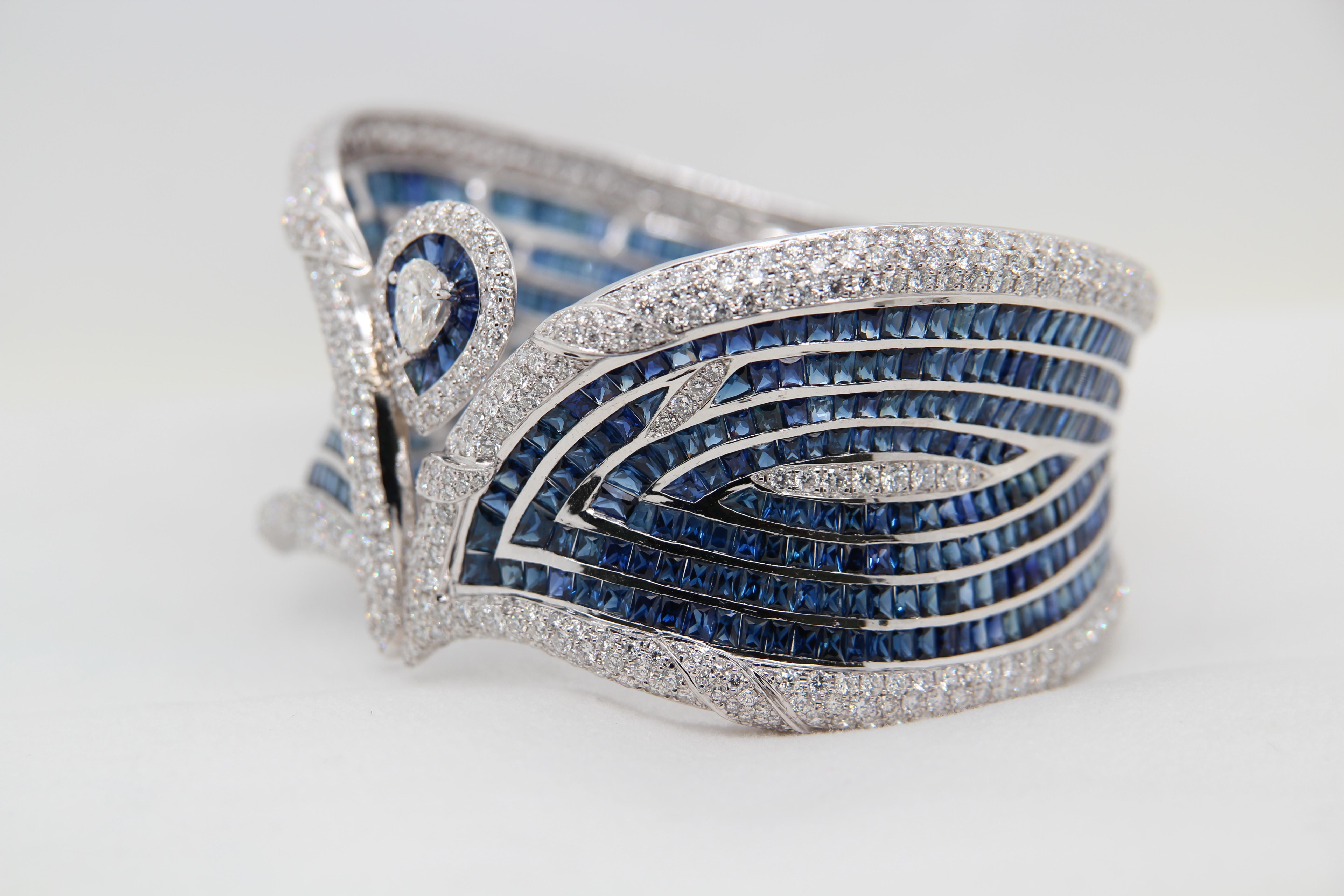 Armreif mit blauem Saphir und Diamant (Baguette-Treppenschliff)
