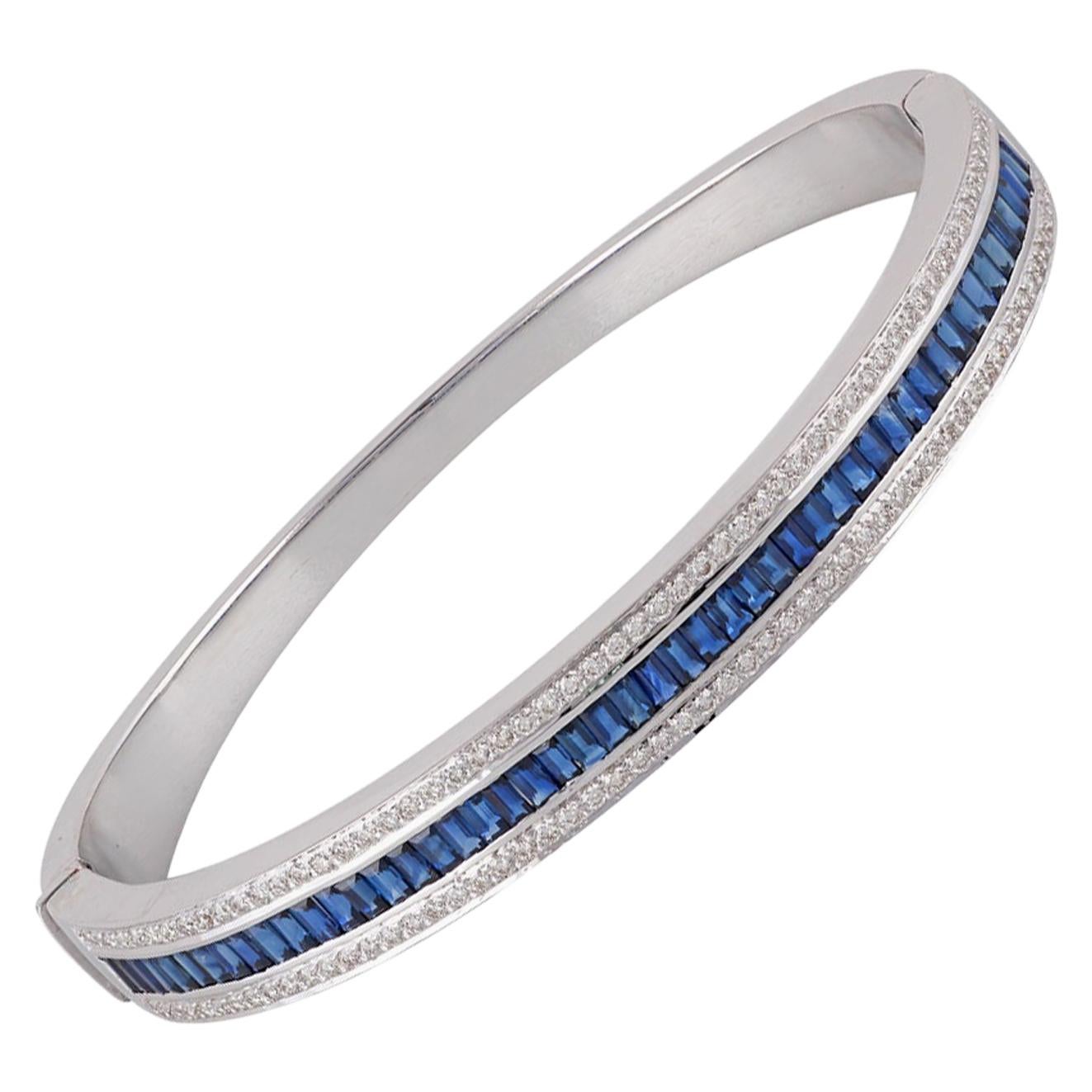 Blue Sapphire and Diamond Bangle Studded in 18 Karat White Gold For Sale