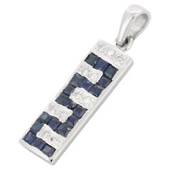 Blue Sapphire and Diamond Bar Pendant in 18K White Gold