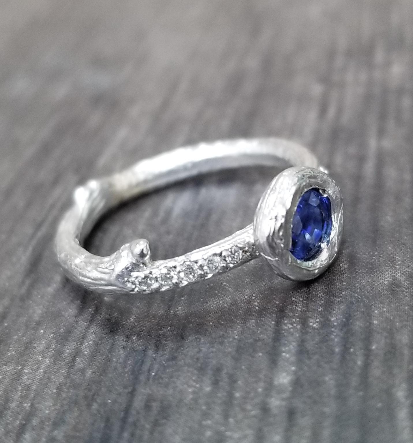 Artisan 14k white gold Blue Sapphire and Diamond Bark Ring For Sale