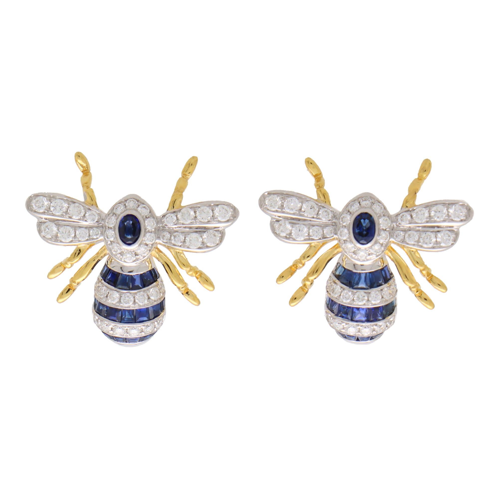 Modern Blue Sapphire and Diamond Bee Earrings Set in 18k Yellow and White Gold For Sale