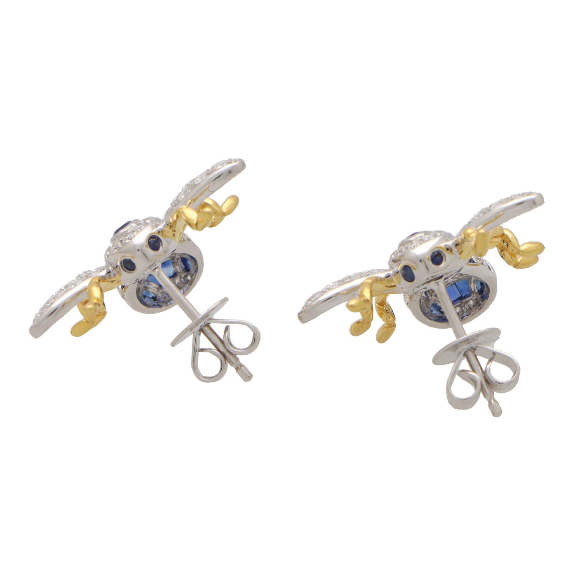 Round Cut Blue Sapphire and Diamond Bee Earrings Set in 18k Yellow and White Gold For Sale