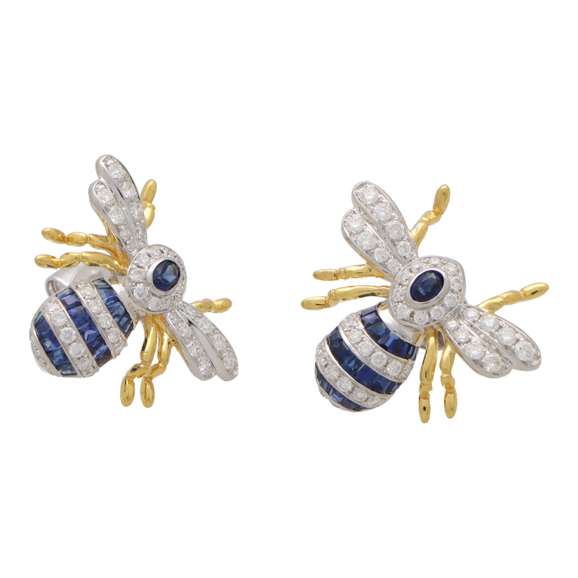 Women's or Men's Blue Sapphire and Diamond Bee Earrings Set in 18k Yellow and White Gold For Sale