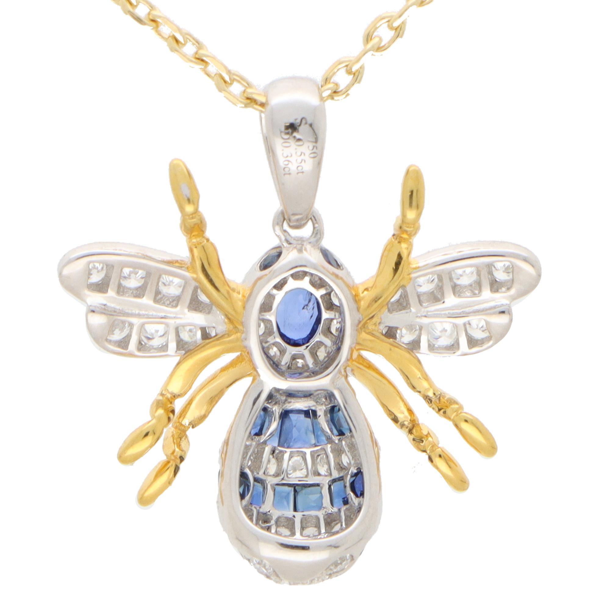 Modern Blue Sapphire and Diamond Bee Pendant Set in 18k White and Yellow Gold For Sale