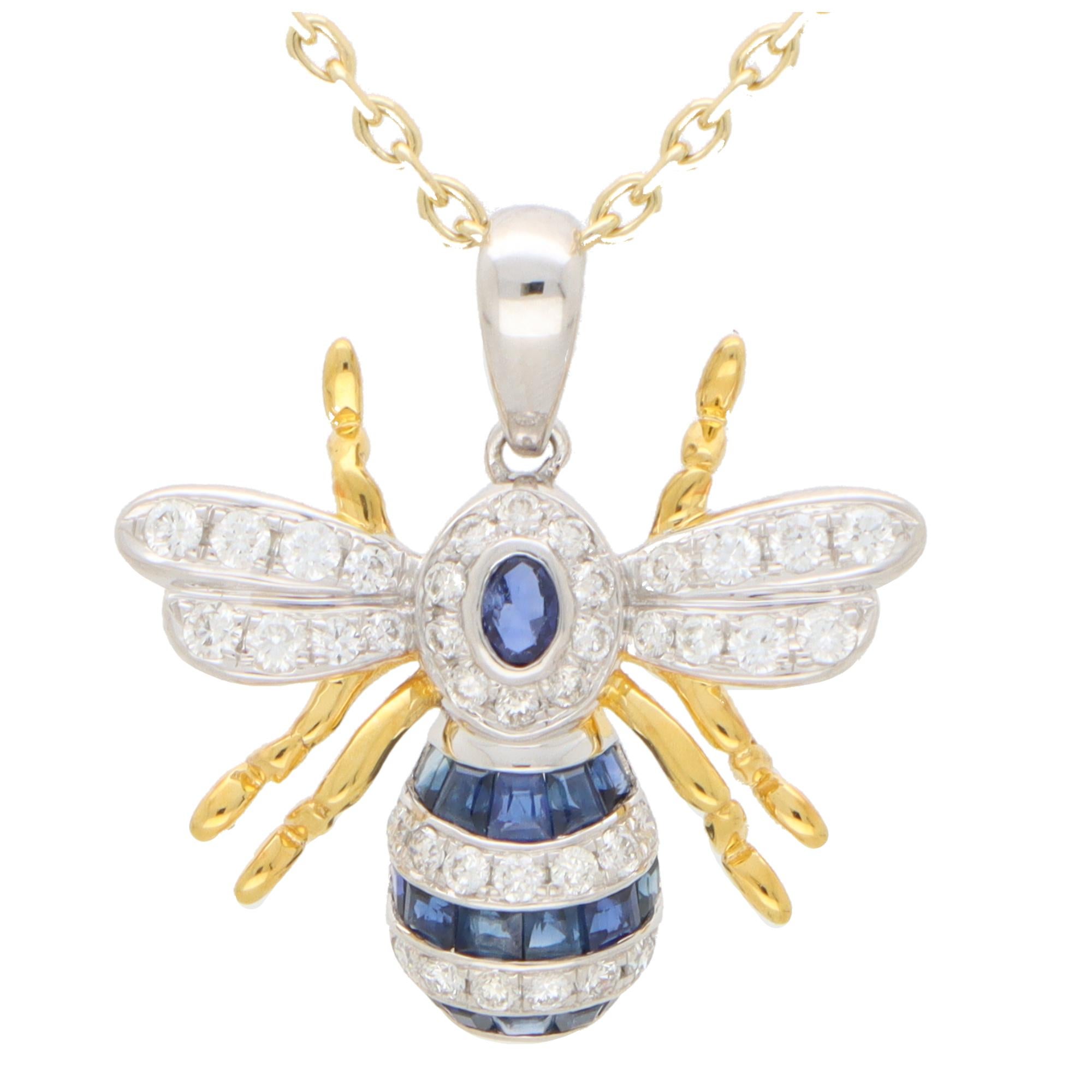 Round Cut Blue Sapphire and Diamond Bee Pendant Set in 18k White and Yellow Gold For Sale