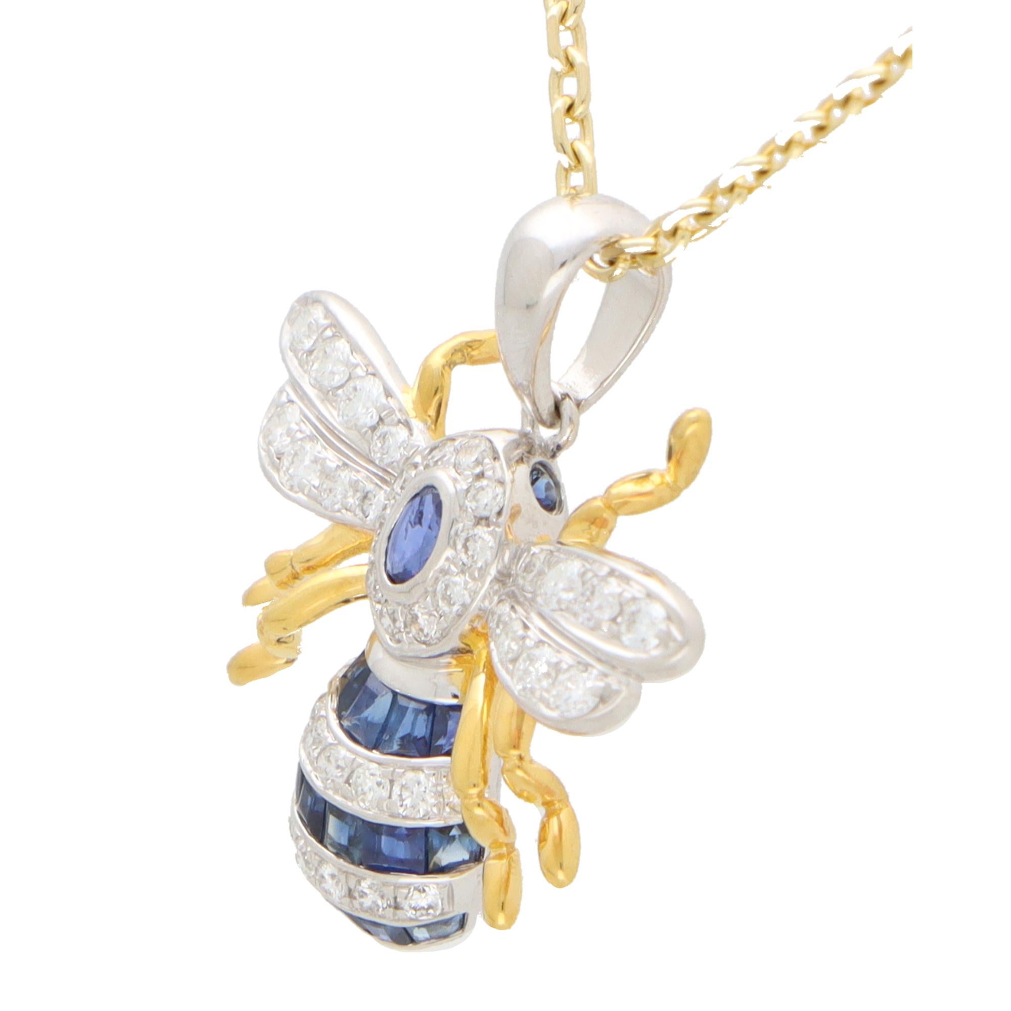Women's or Men's Blue Sapphire and Diamond Bee Pendant Set in 18k White and Yellow Gold For Sale