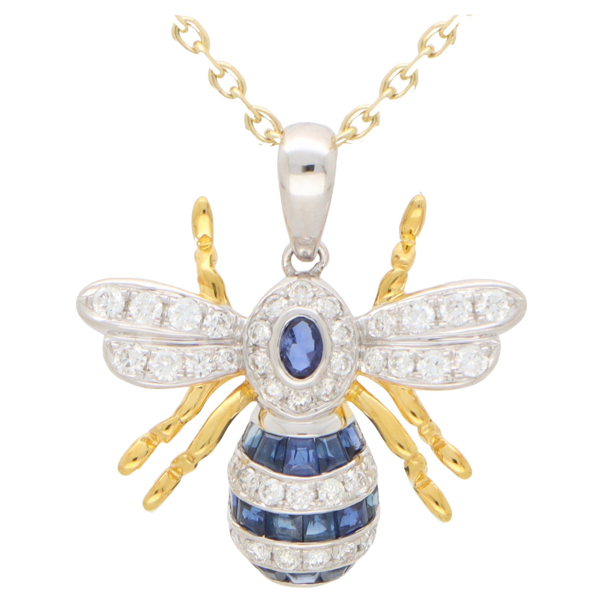 Blue Sapphire and Diamond Bee Pendant Set in 18k White and Yellow Gold For Sale