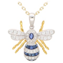 Blue Sapphire and Diamond Bee Pendant Set in 18k White and Yellow Gold