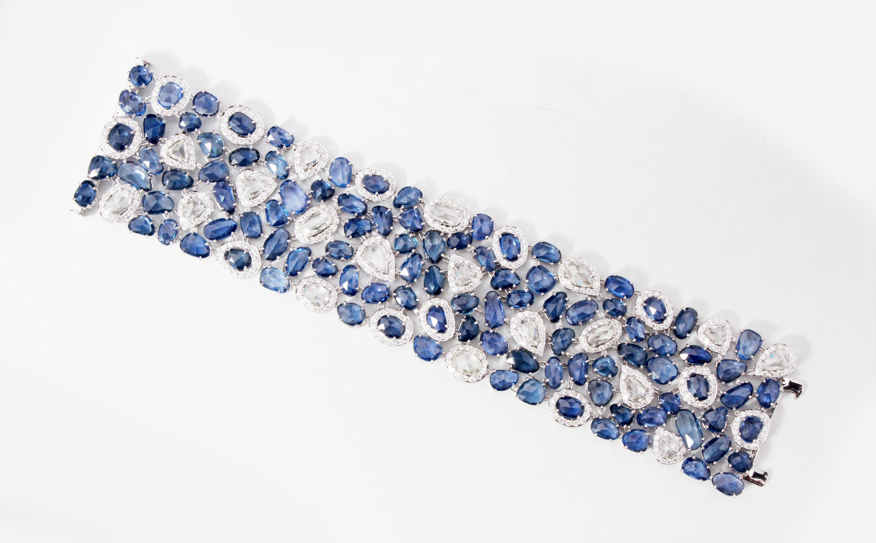 Modern Blue Sapphire and Diamond Bracelet in 18 Karat White Gold For Sale