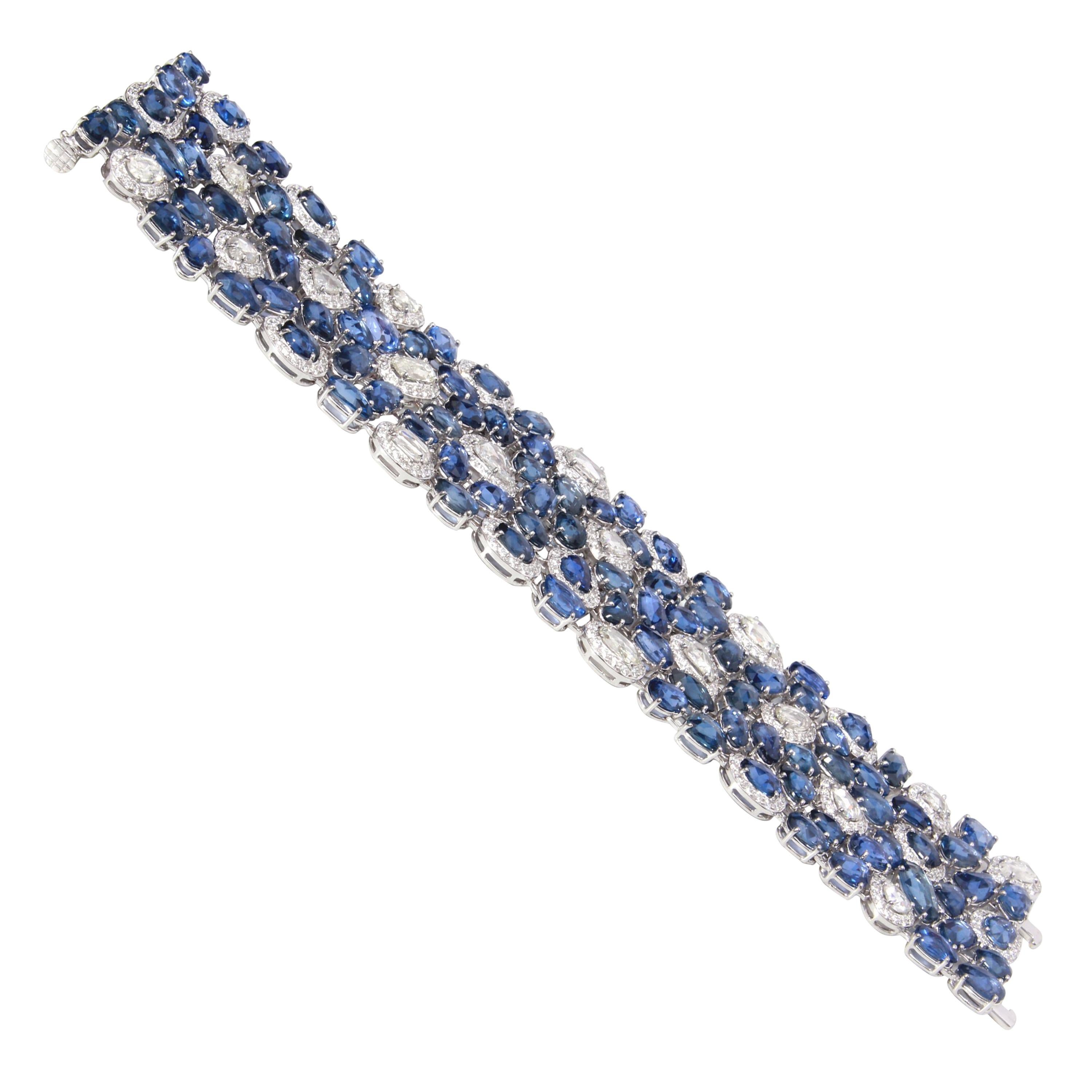 Blue Sapphire and Diamond Bracelet in 18 Karat White Gold For Sale