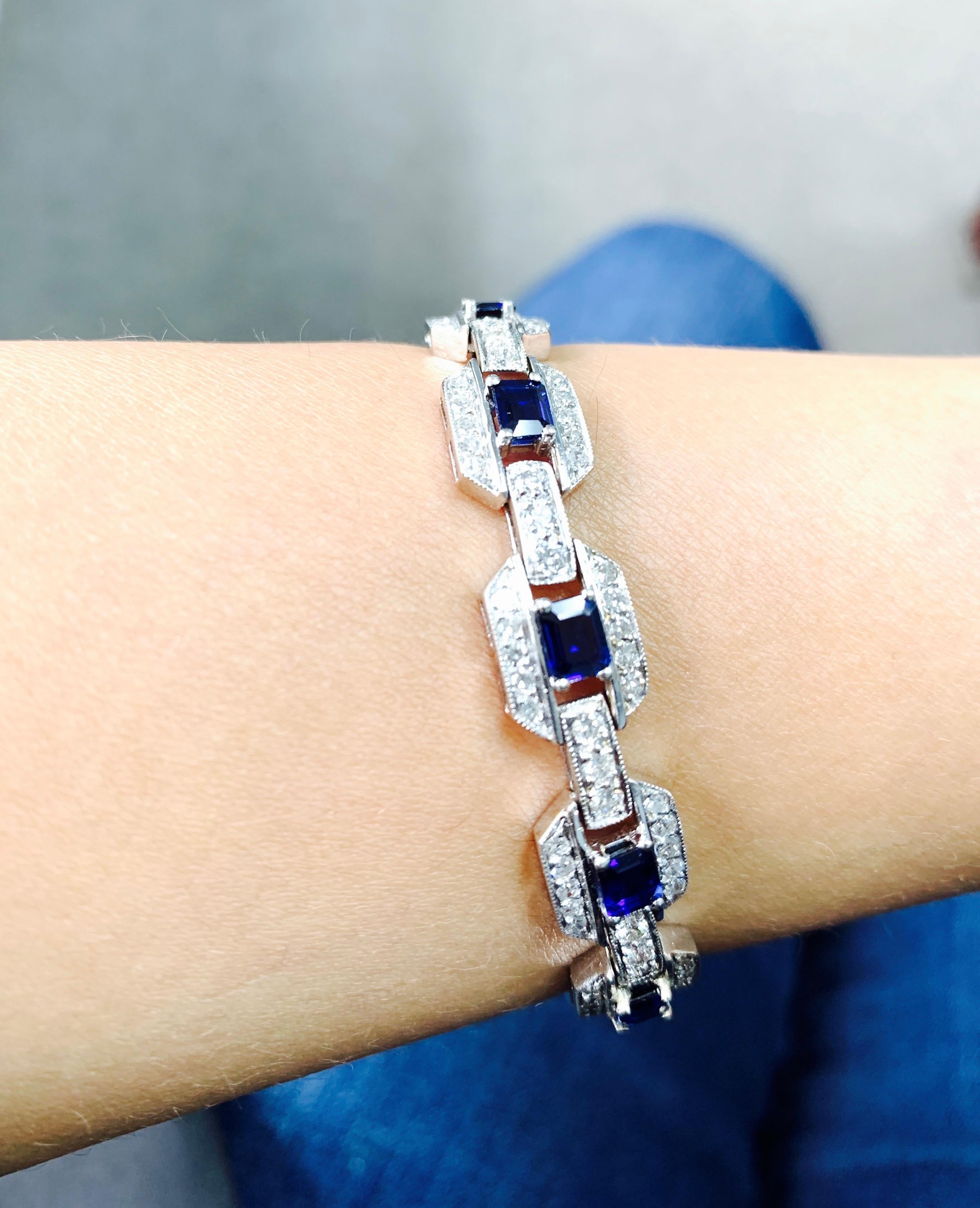 Blue Sapphire and Diamond Bracelet in 18k White Gold For Sale 7