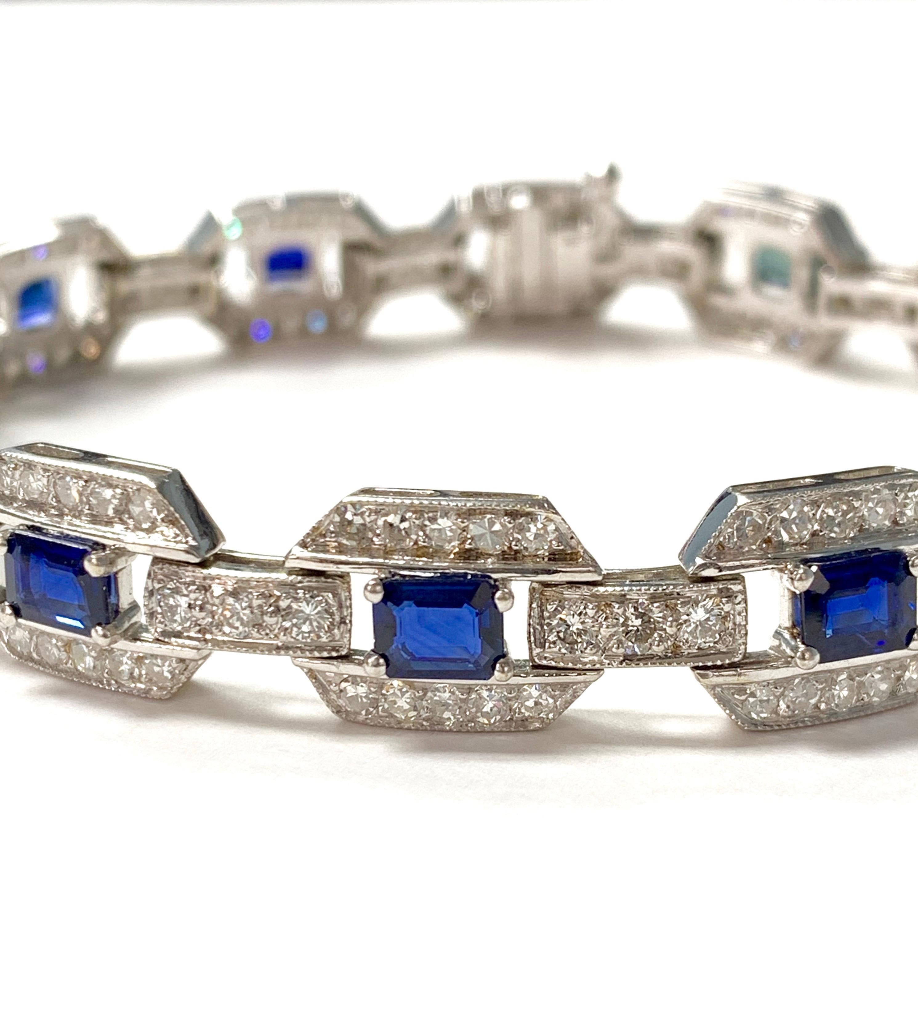 Very pretty blue sapphire and diamond bracelet beautifully hand crafted in 18k white gold. 
The details are as follows : 
Blue sapphire weight : 4.95 carat 
Diamond weight : 4.05 carat (GH VS ) 
Metal : 18k White gold 
Measurements : 7 inches