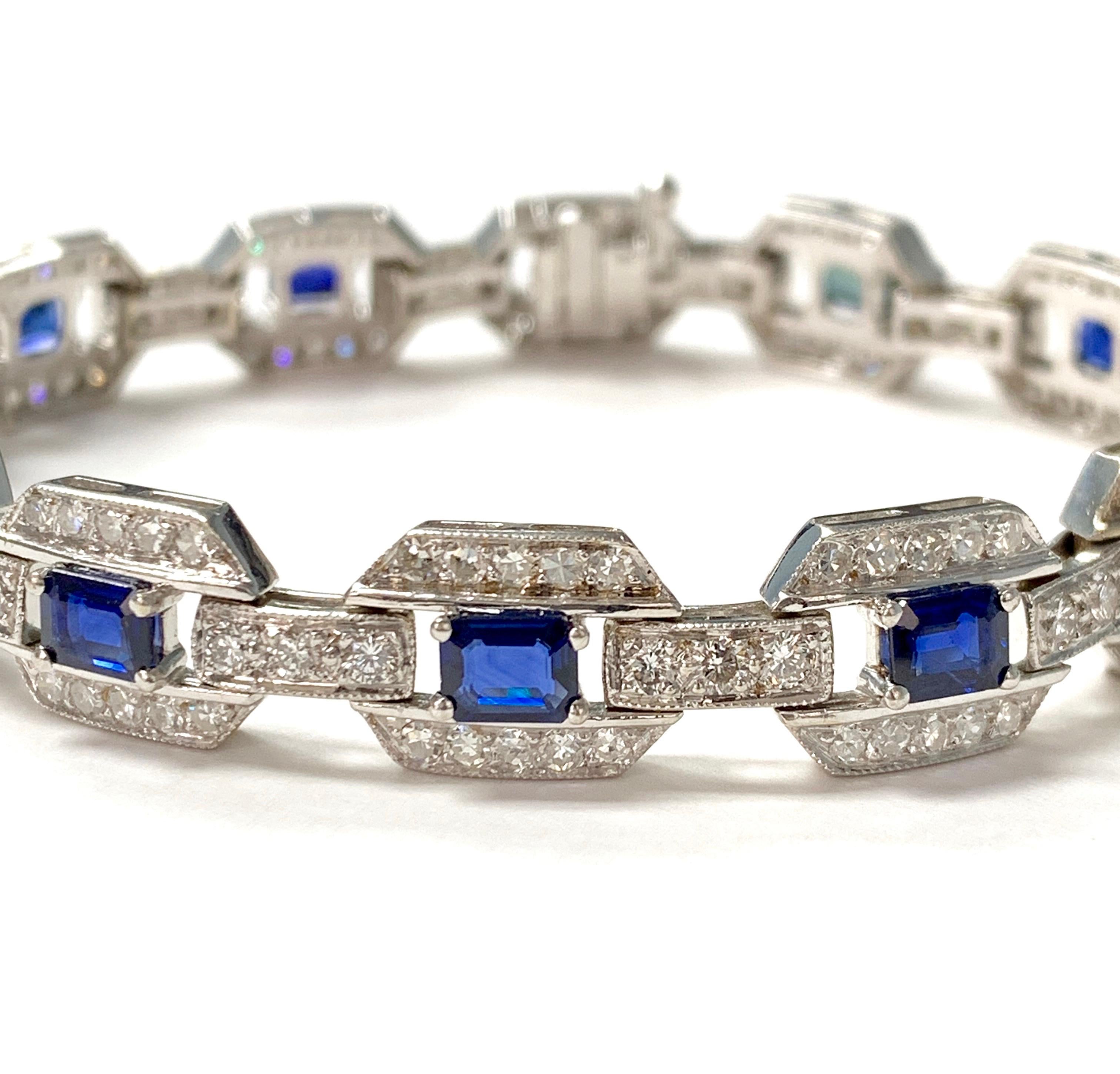 Round Cut Blue Sapphire and Diamond Bracelet in 18k White Gold For Sale