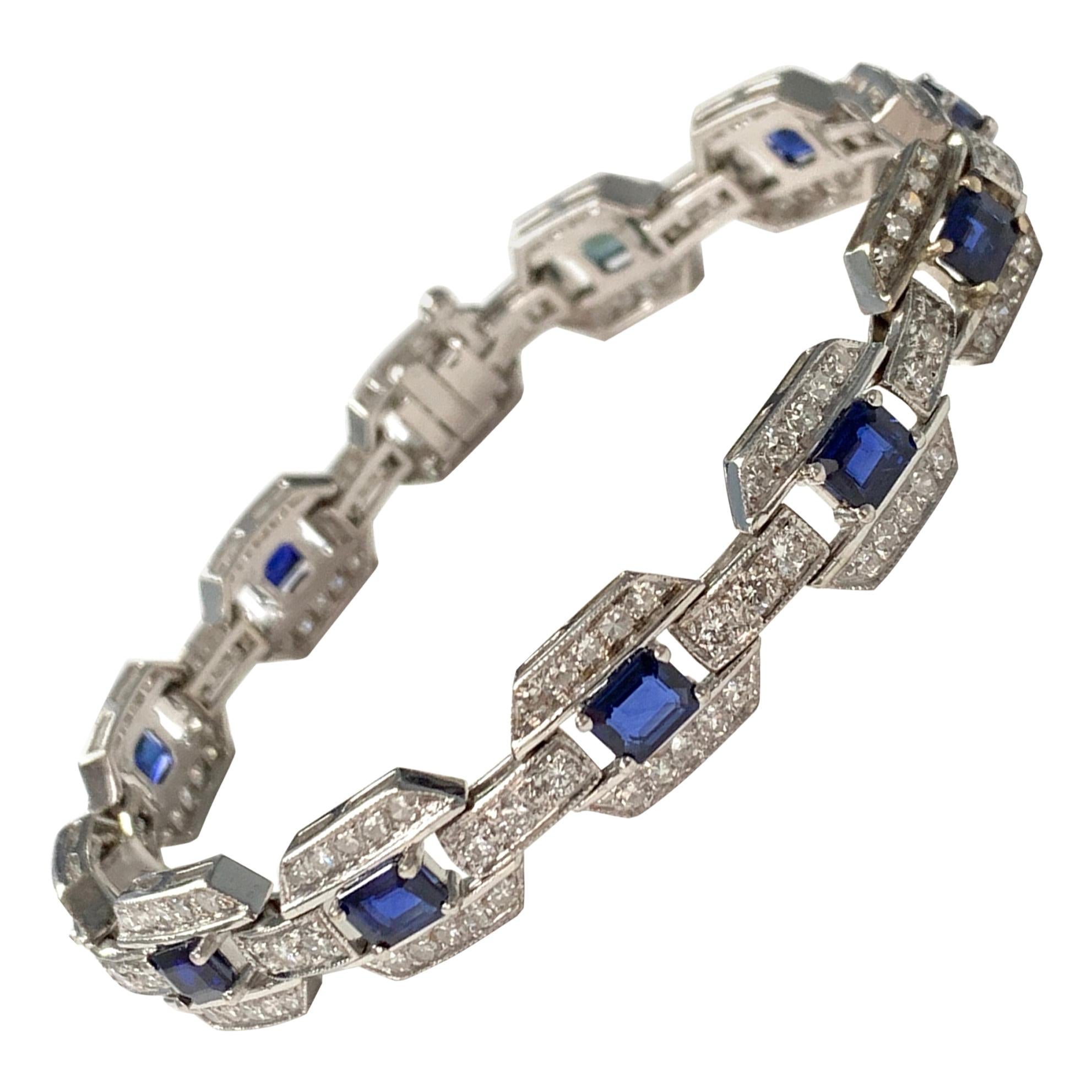 Armband aus 18 Karat Weißgold mit blauem blauen Saphir und Diamanten