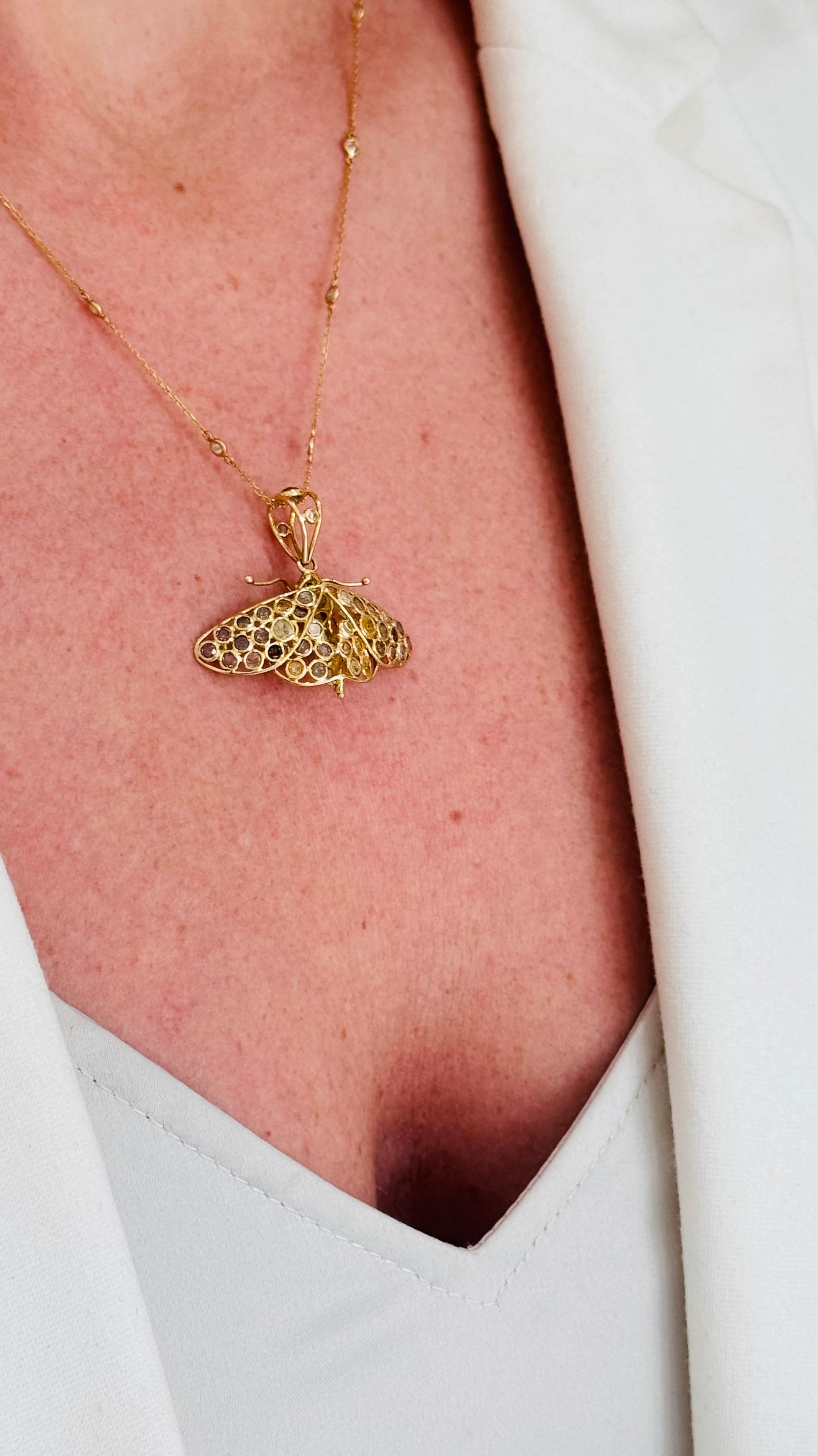 Women's Blue Sapphire and Diamond Butterfly Pendant in 18k Yellow Gold For Sale