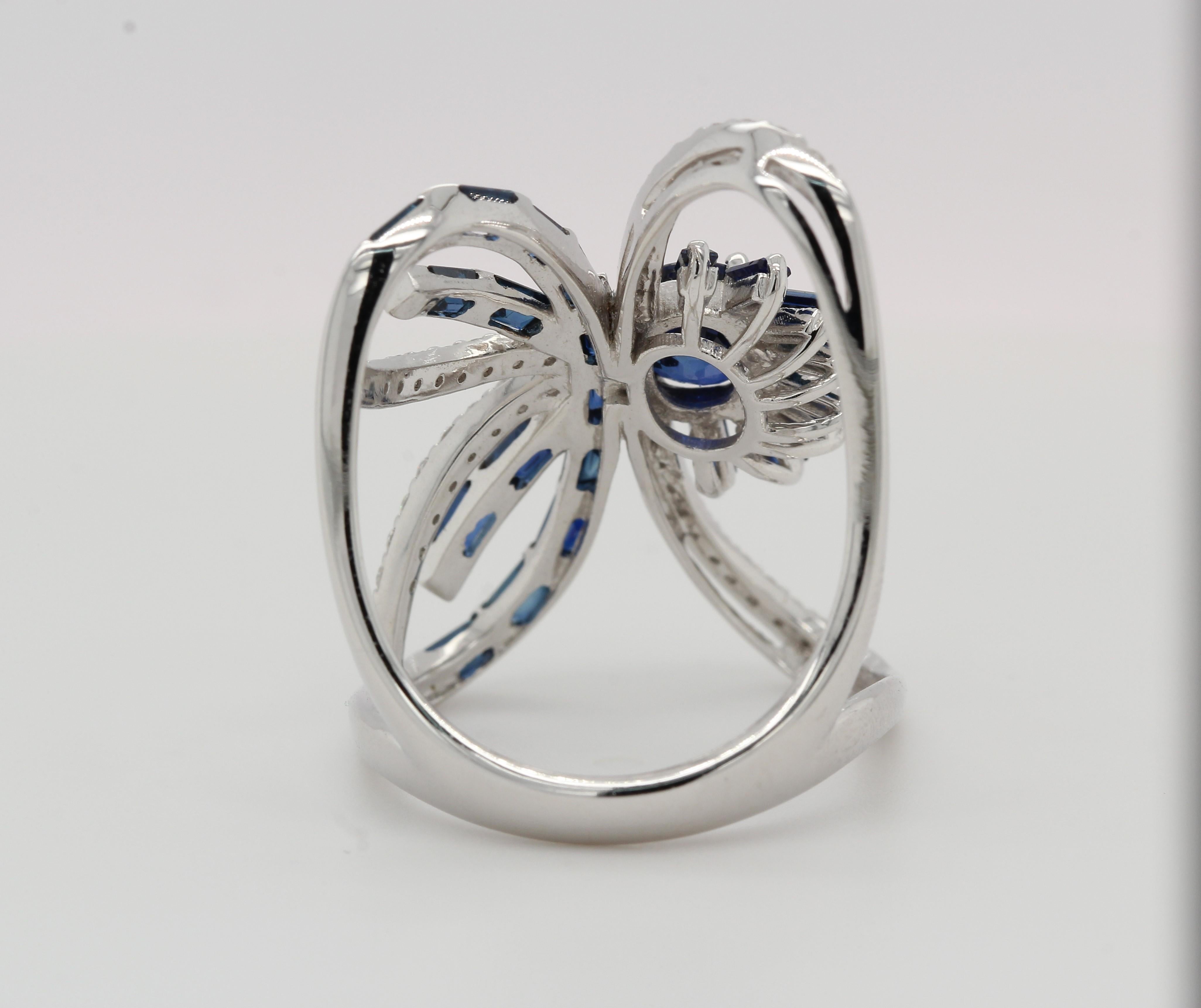 Women's or Men's Blue Sapphire and Diamond Butterfly Ring in 18 Karat Gold For Sale
