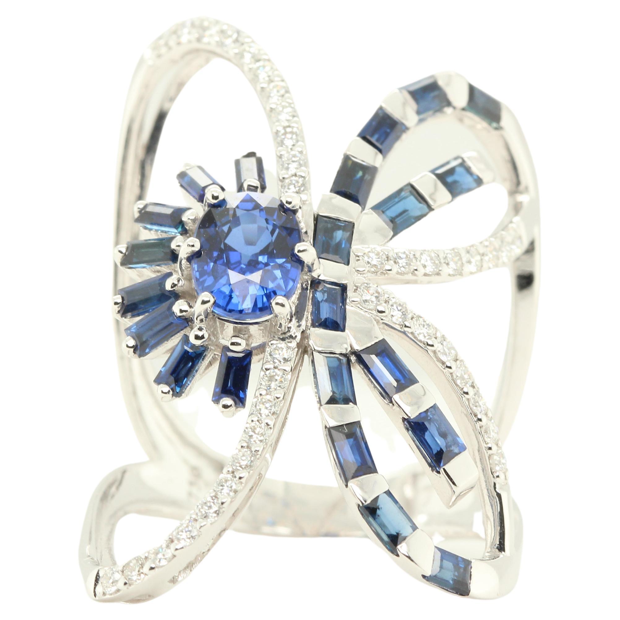 Blue Sapphire and Diamond Butterfly Ring in 18 Karat Gold For Sale