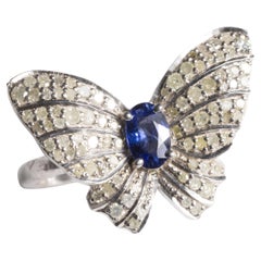 Blue Sapphire and Diamond Buttlerfly Motif Ring