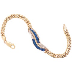 Blue Sapphire and Diamond Chain Bracelet, 14 Karat Gold Curb Chain Link Bracelet