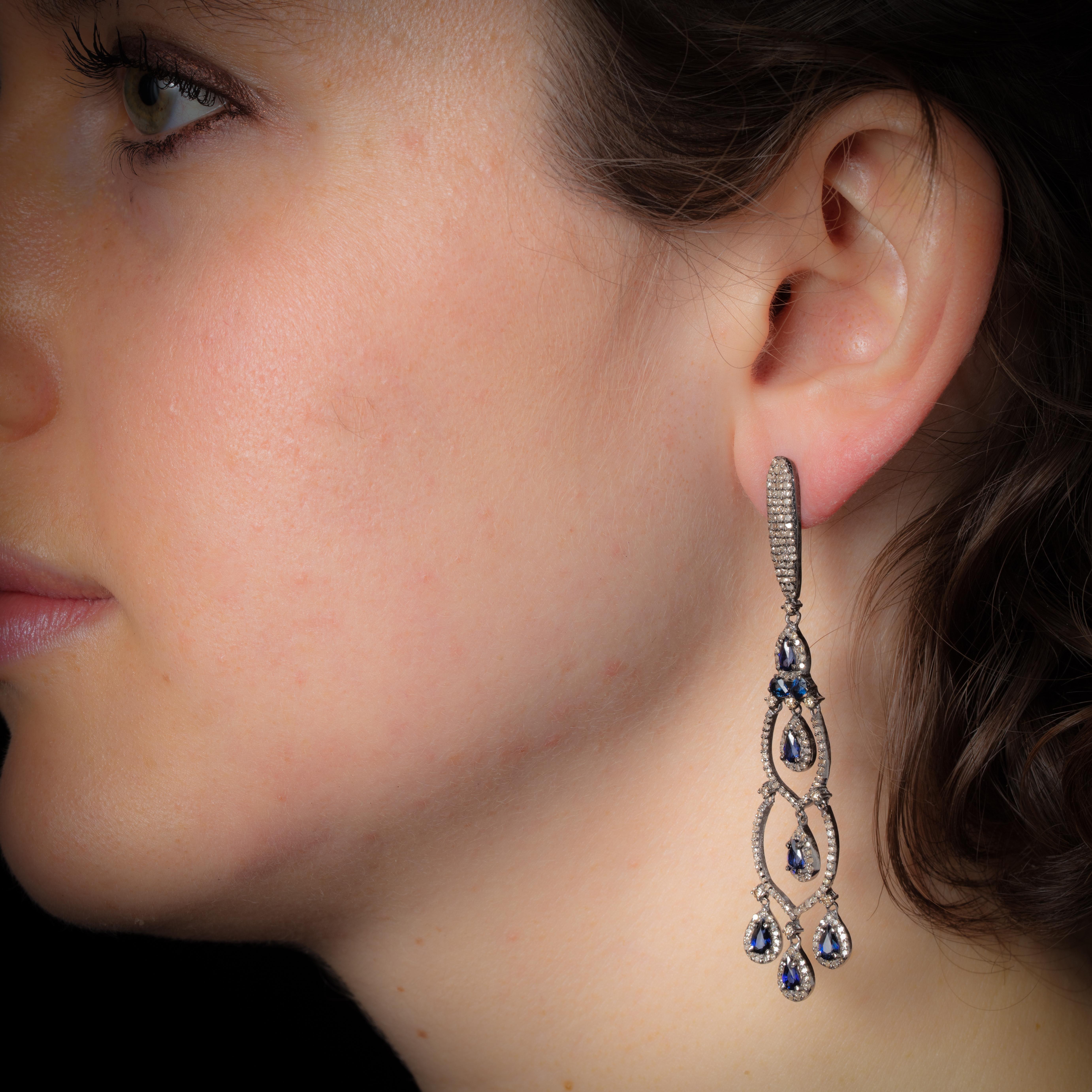 Blue Sapphire and Diamond Chandelier Earrings In New Condition In Nantucket, MA