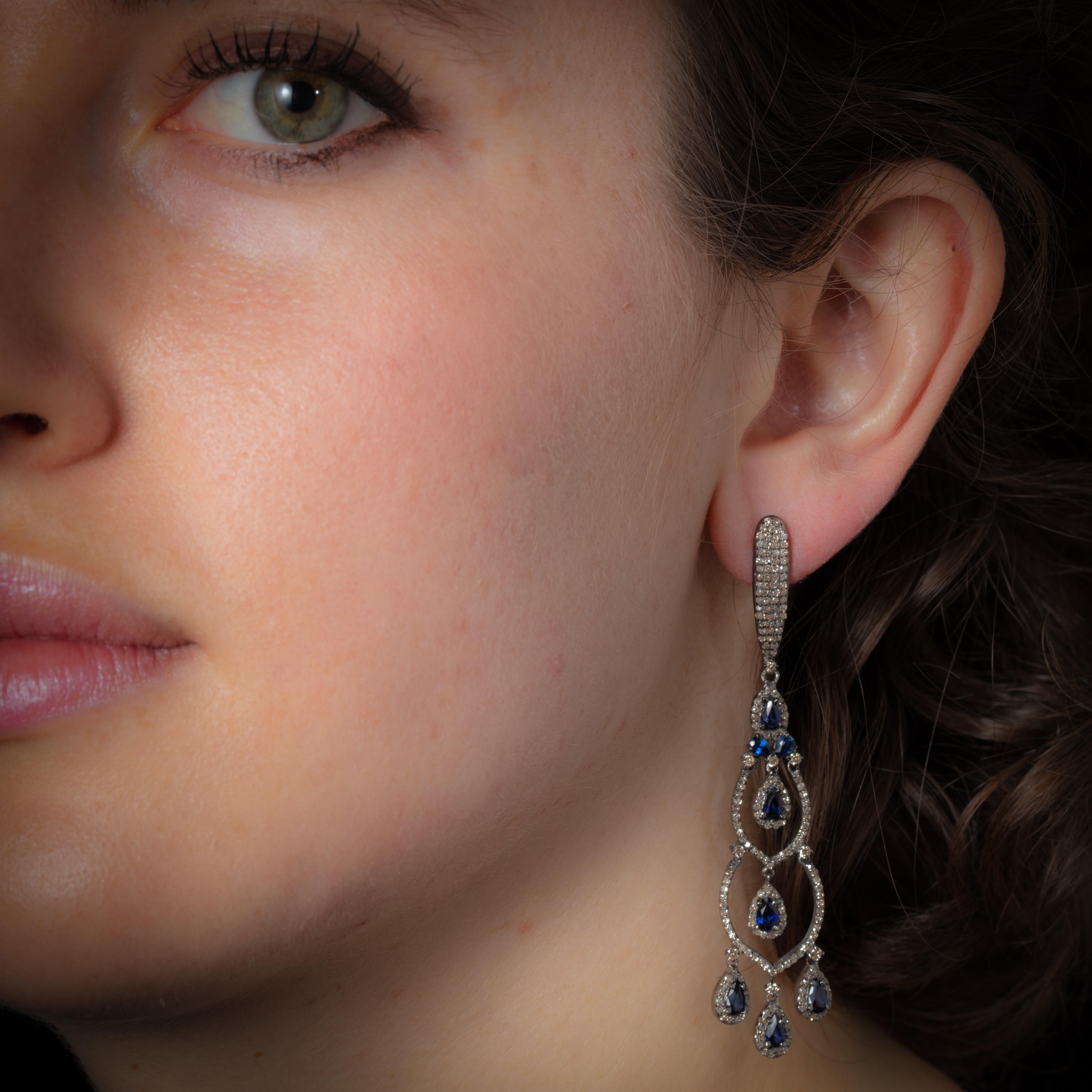 Women's or Men's Blue Sapphire and Diamond Chandelier Earrings