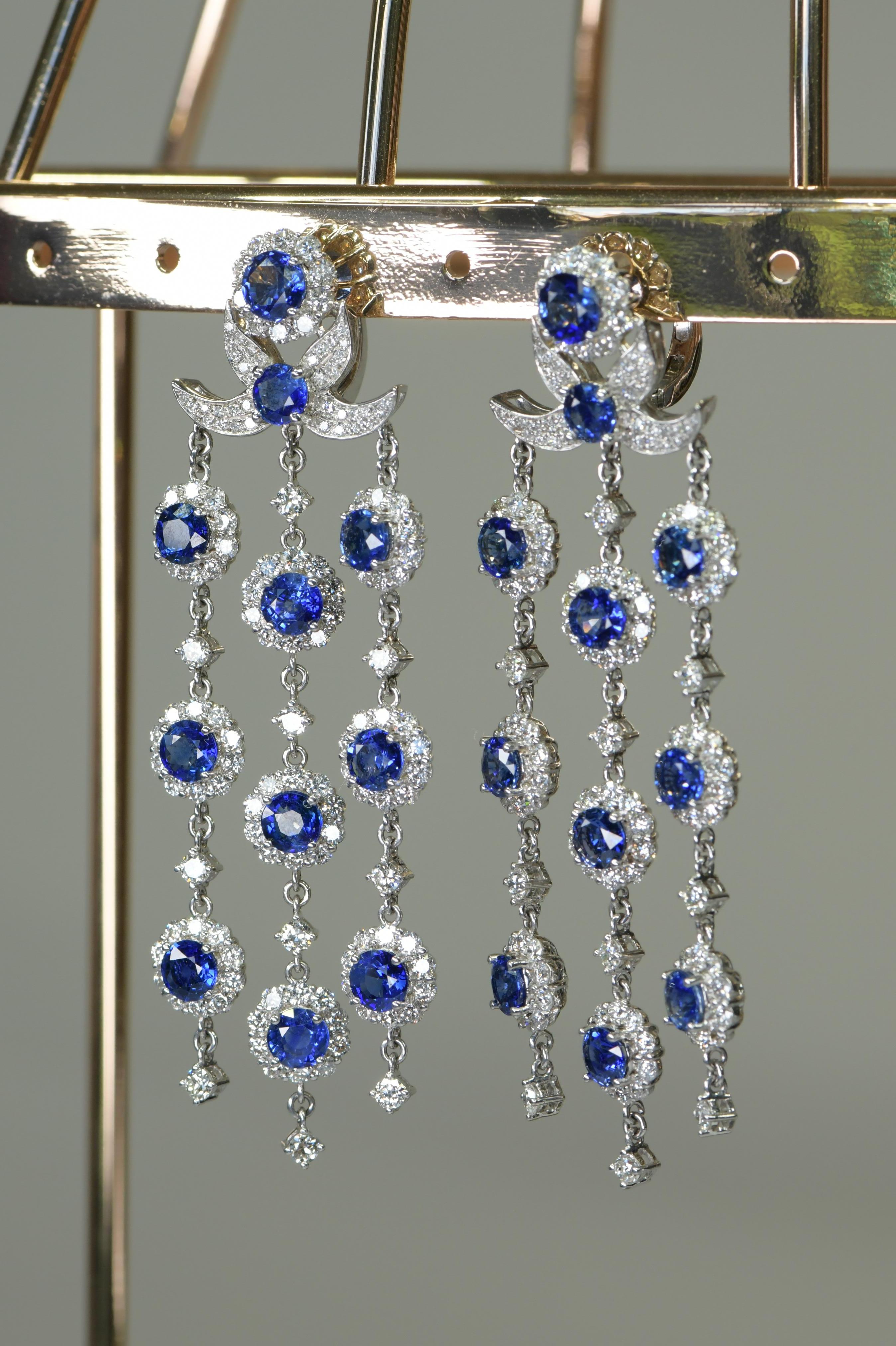 Round Cut Blue Sapphire and Diamond Chandelier Earrings For Sale