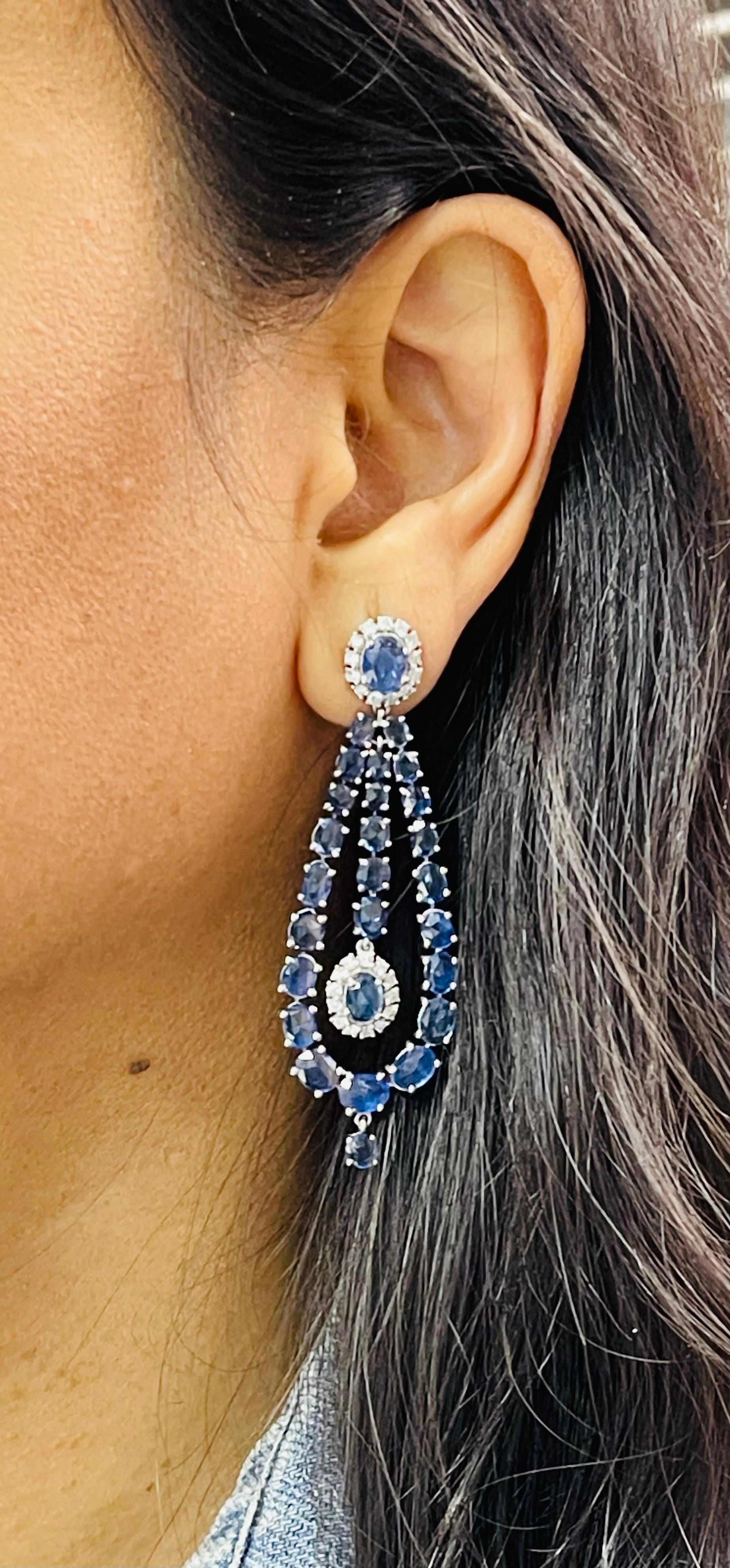  Blue Sapphire And Diamond Chandelier Earrings In 18K White Gold.  For Sale 2