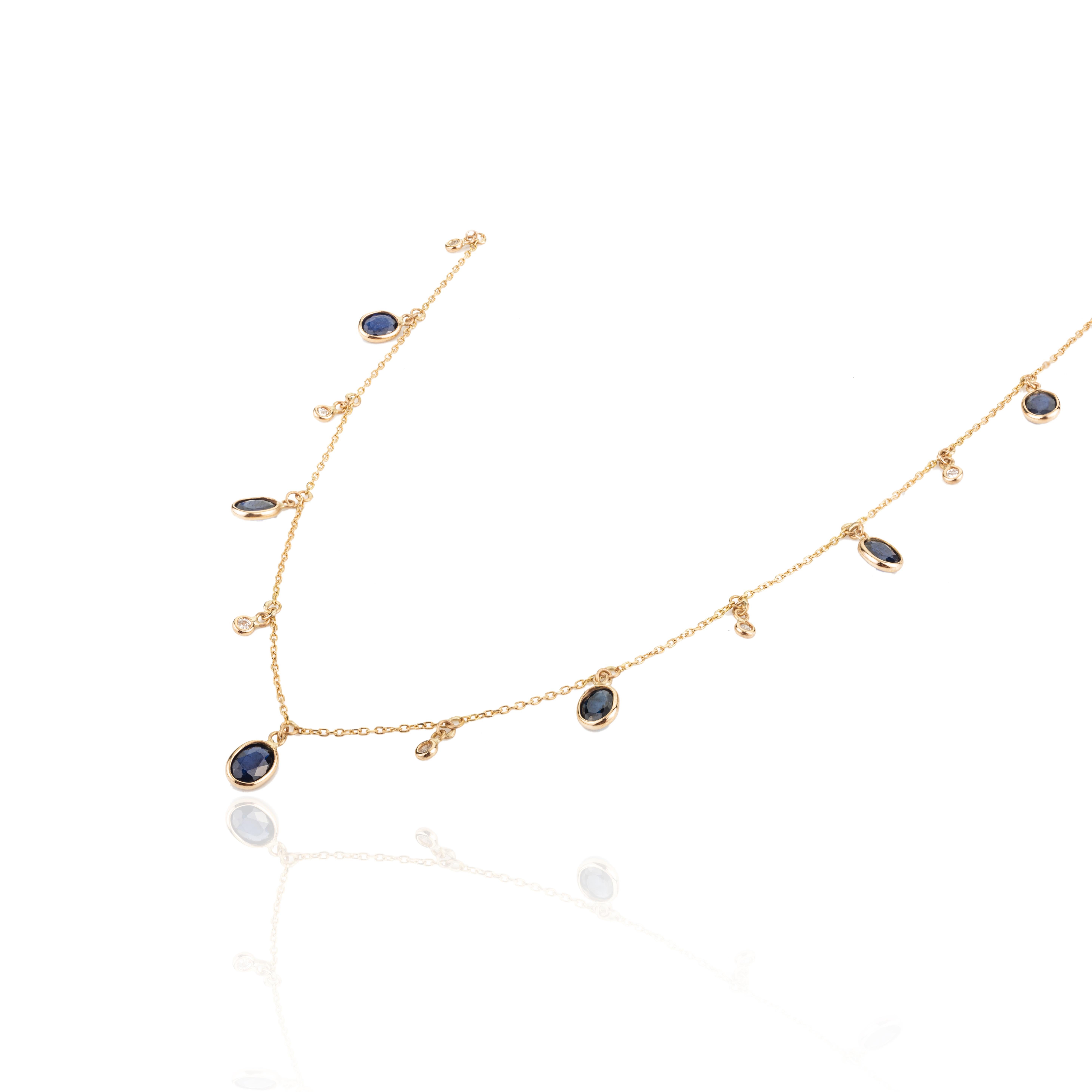 Modern Blue Sapphire and Diamond Charm Layering Necklace in 18k Solid Yellow Gold For Sale
