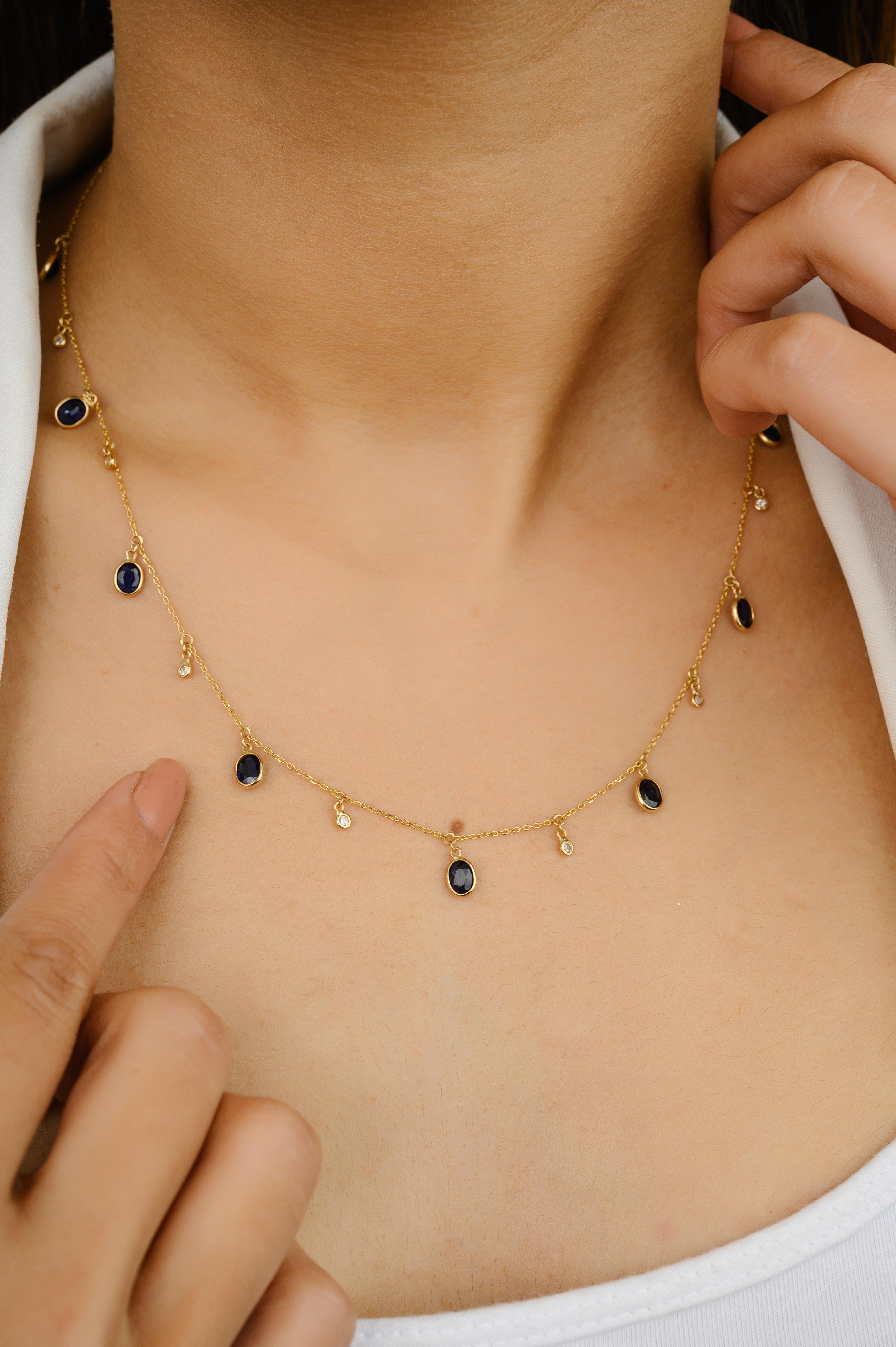 Oval Cut Blue Sapphire and Diamond Charm Layering Necklace in 18k Solid Yellow Gold For Sale