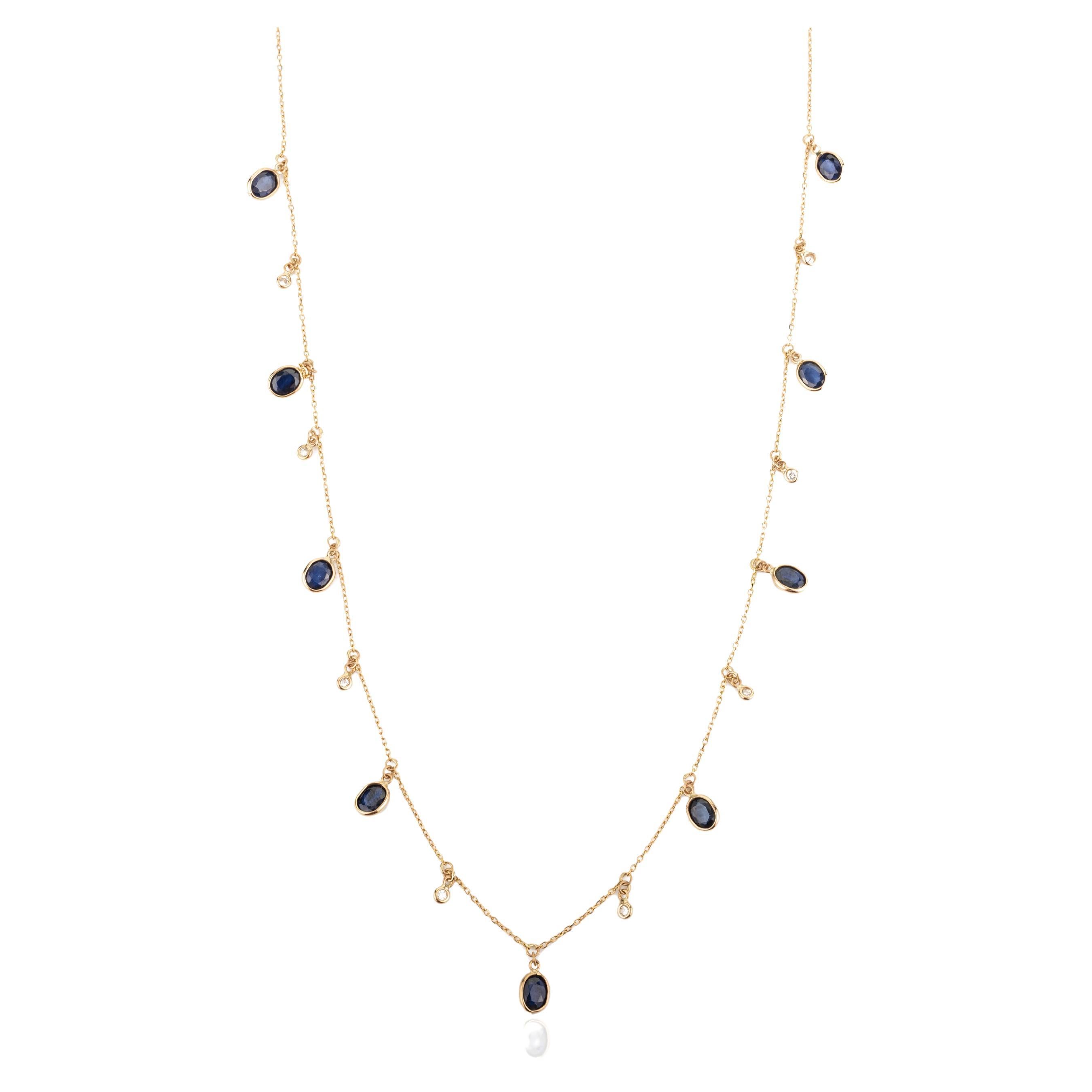 Blue Sapphire and Diamond Charm Layering Necklace in 18k Solid Yellow Gold For Sale