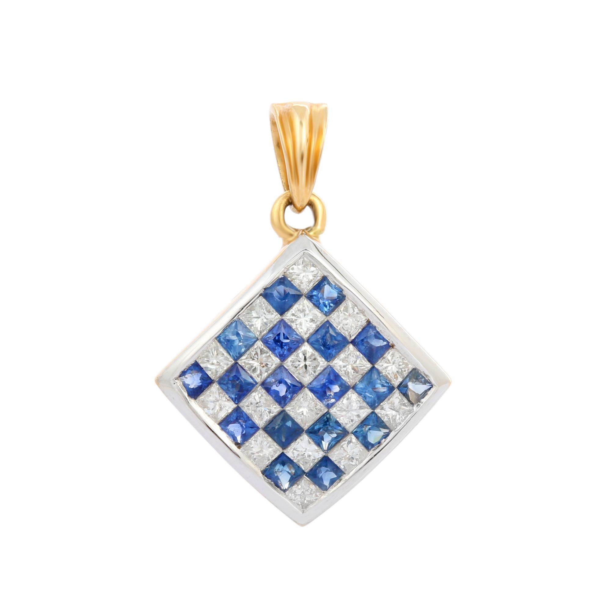 Natural Blue Sapphire Square Shape pendant in 18K Gold. It has square cut sapphires and diamonds that completes your look with a decent touch. Pendants are used to wear or gifted to represent love and promises. It's an attractive jewelry piece that