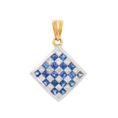 Blue Sapphire and Diamond Square Pendant in 18K Yellow Gold
