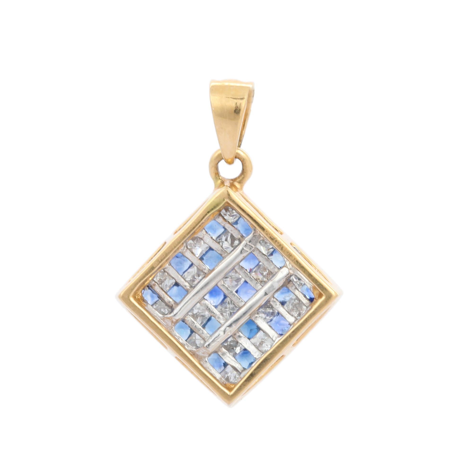 Artisan Blue Sapphire and Diamond Square Pendant in 18K Yellow Gold For Sale