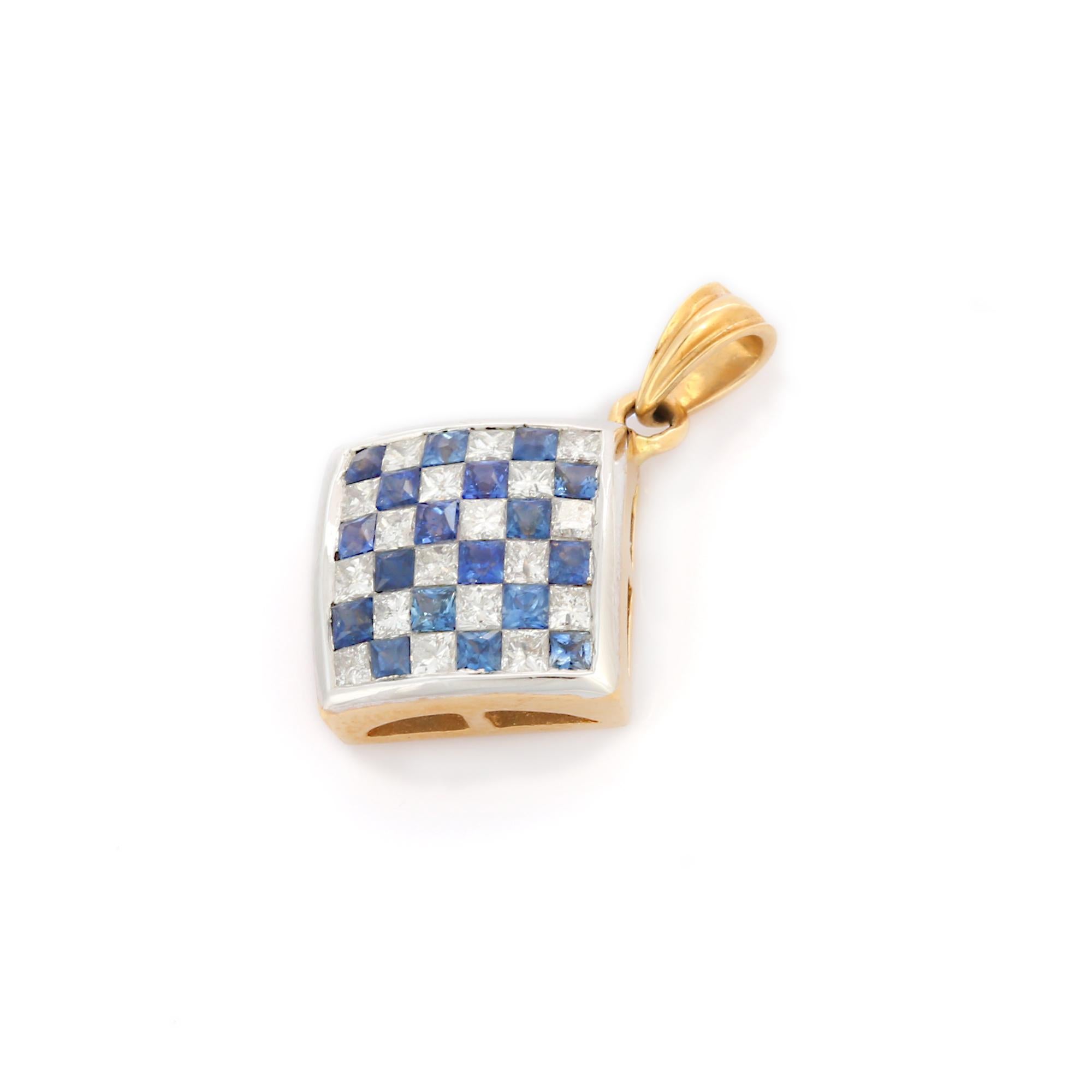 Blue Sapphire and Diamond Square Pendant in 18K Yellow Gold In New Condition For Sale In Houston, TX