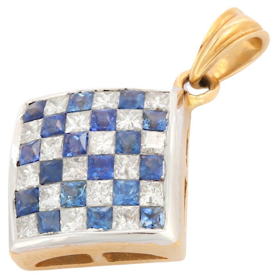 Blue Sapphire and Diamond Square Pendant in 18K Yellow Gold For Sale
