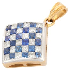 Blue Sapphire and Diamond Square Pendant in 18K Yellow Gold