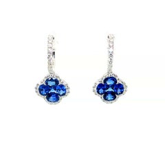 Blue Sapphire and Diamond Clover Dangle Earrings in 18k White Gold